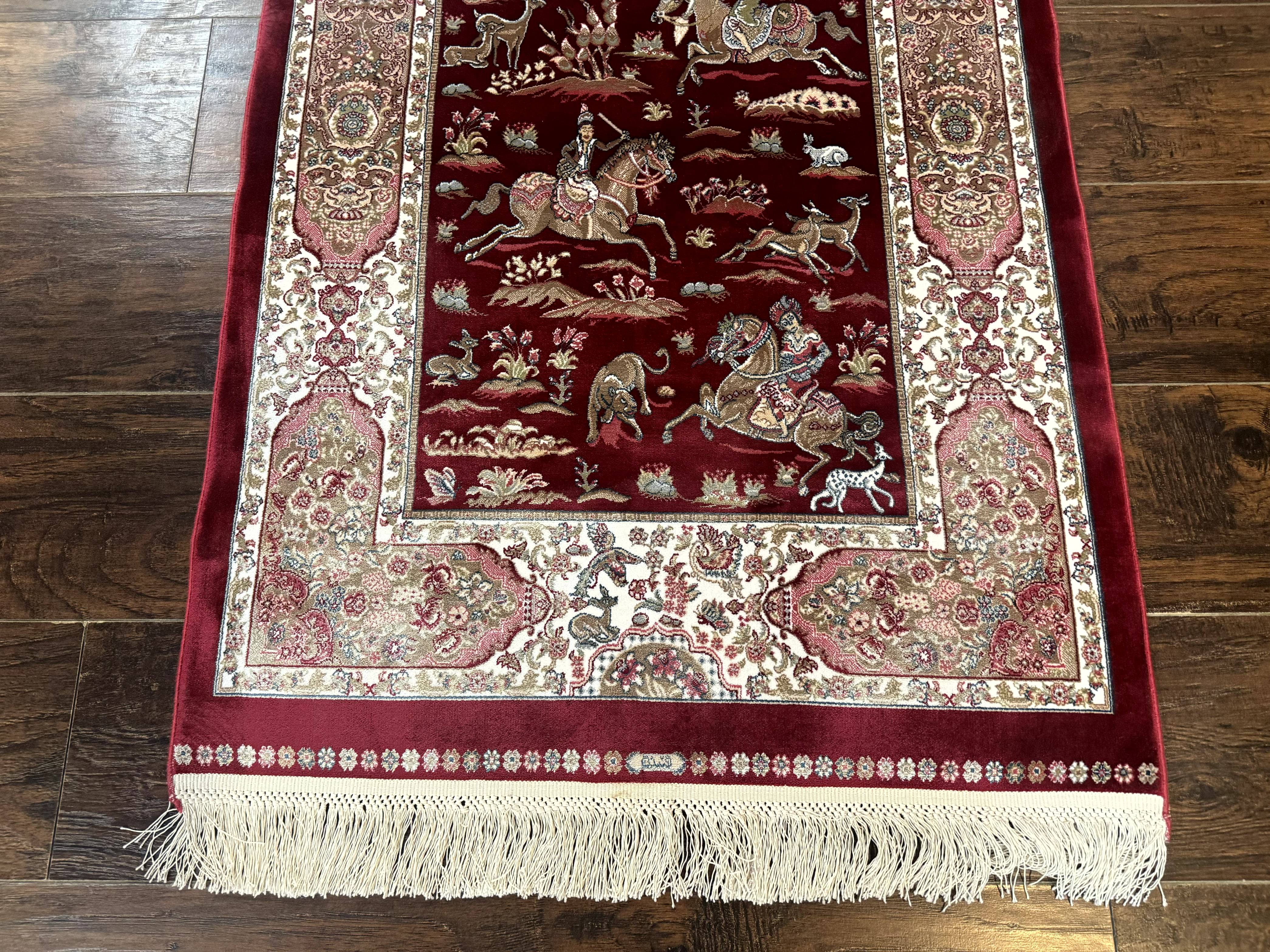 Dark Red Turkish Silk Rug 2.6 x 4, Hunting Design Scene, Bamboo Silk - Image 5
