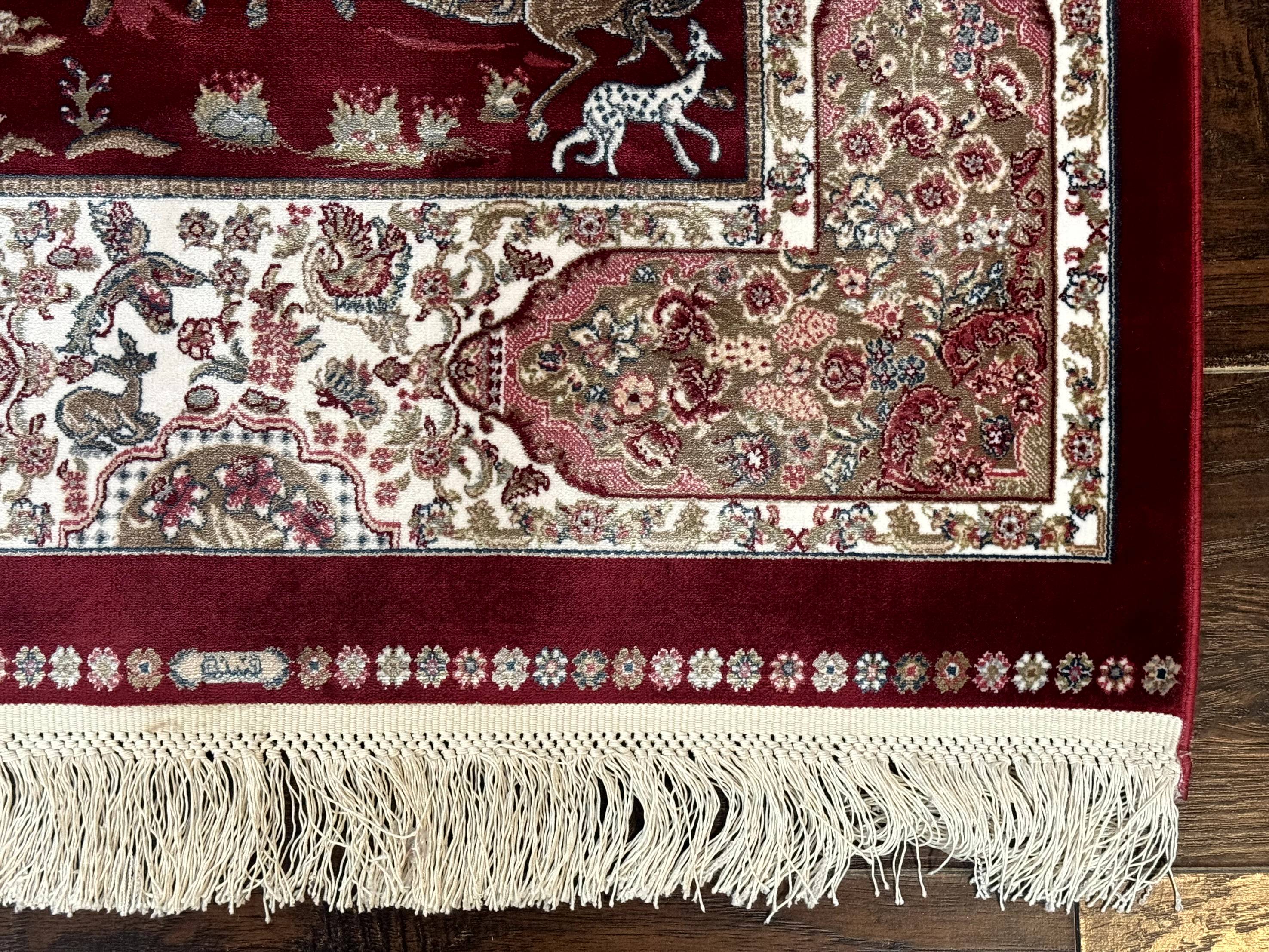 Dark Red Turkish Silk Rug 2.6 x 4, Hunting Design Scene, Bamboo Silk - Image 9