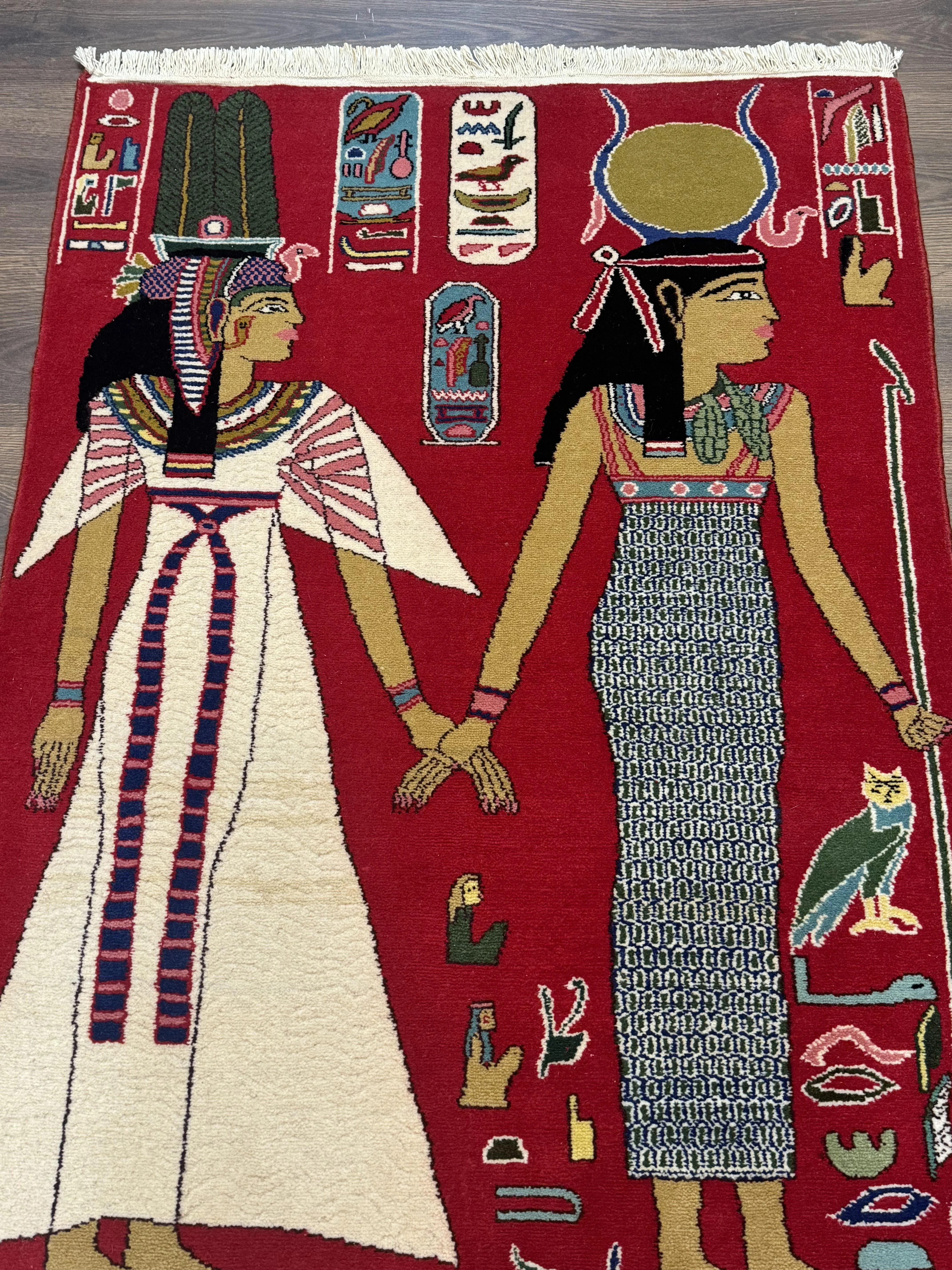 Egyptian Pictorial Rug 3x4, Hieroglyphic Pictorial Rug, Egyptian Prince and Princess, Cleopatra, Vintage Handmade, Red - Image 12