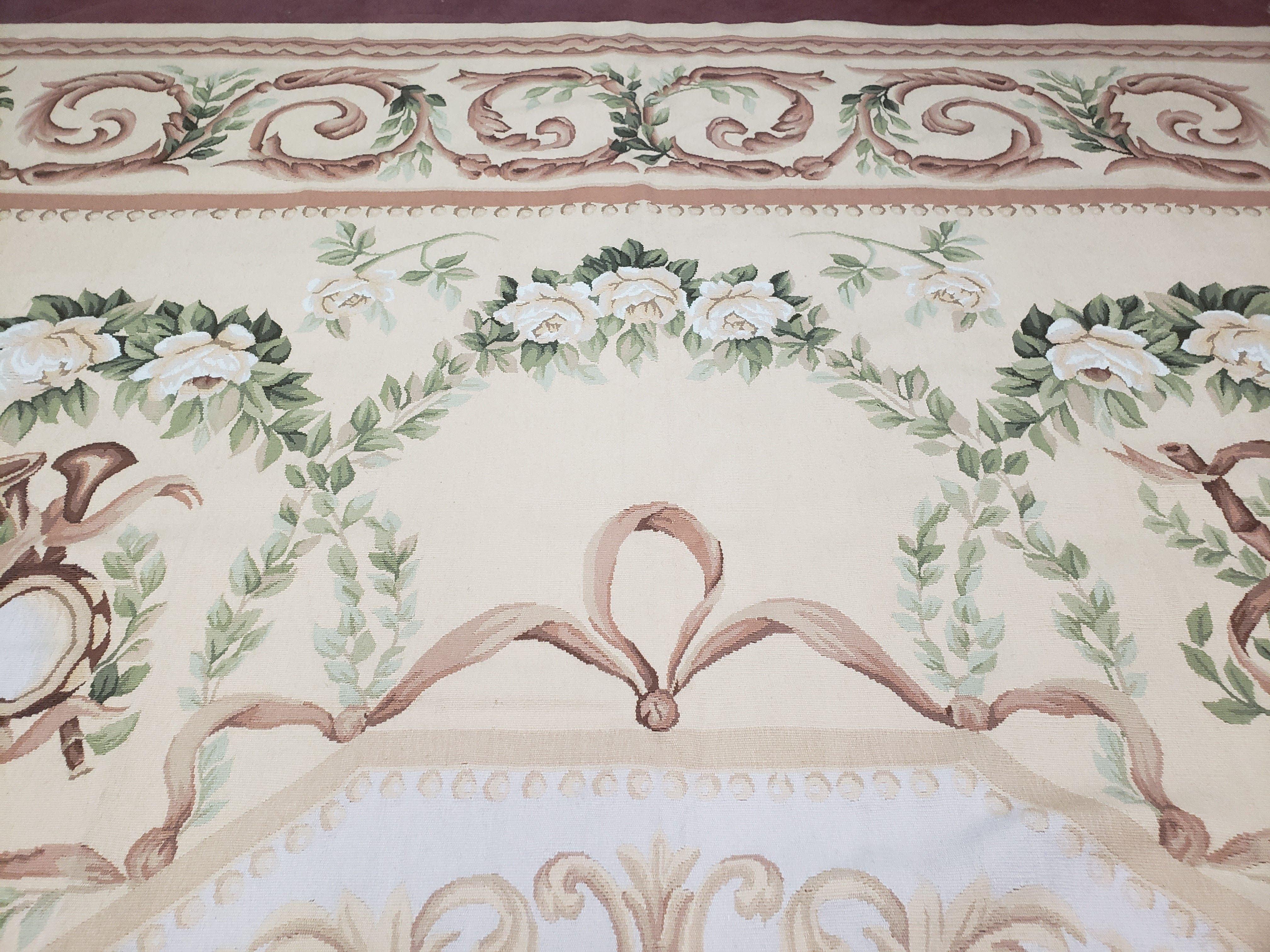 Elegant Aubusson Rug 10 x 14, Cream and Ivory Simple Aubusson Floral Carpet, Hand-Woven, European, New Aubusson Rug, Wool Area Rug, Violins - Image 3