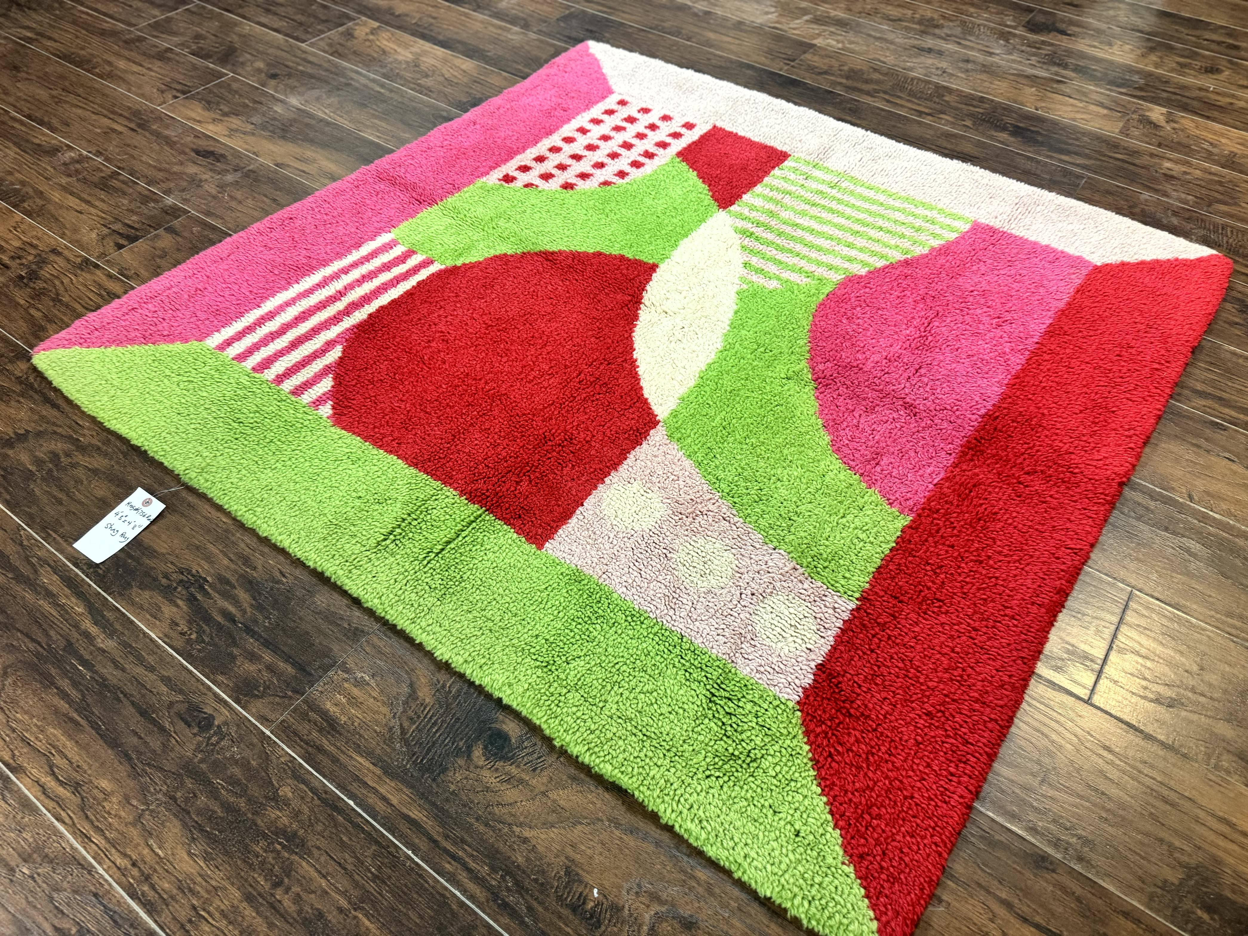 European Shag Rug 4.8 x 4.8, Modern Abstract Design, Green Pink Red, Square Shag Rug, Unique - Image 2