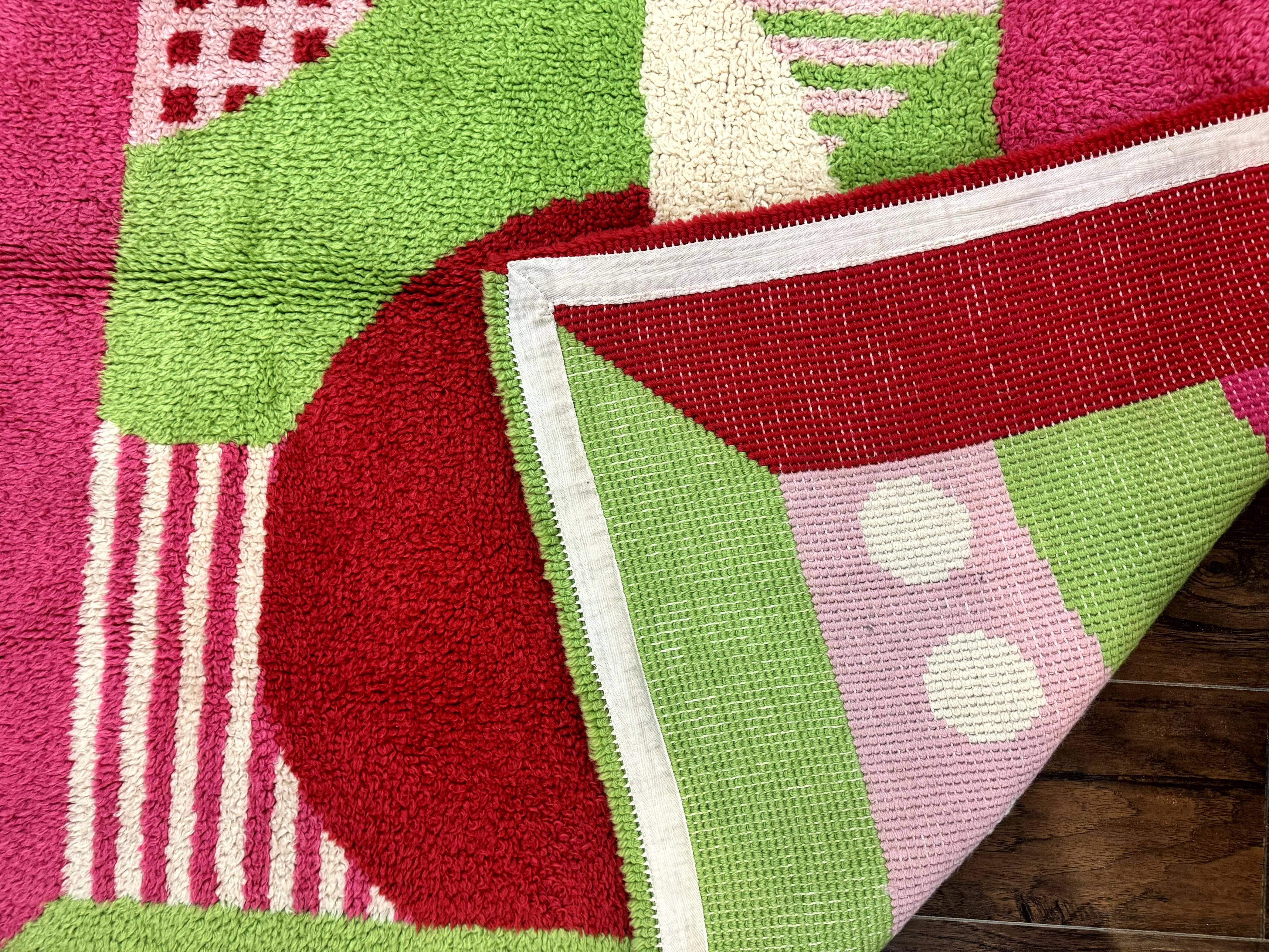 European Shag Rug 4.8 x 4.8, Modern Abstract Design, Green Pink Red, Square Shag Rug, Unique - Image 8