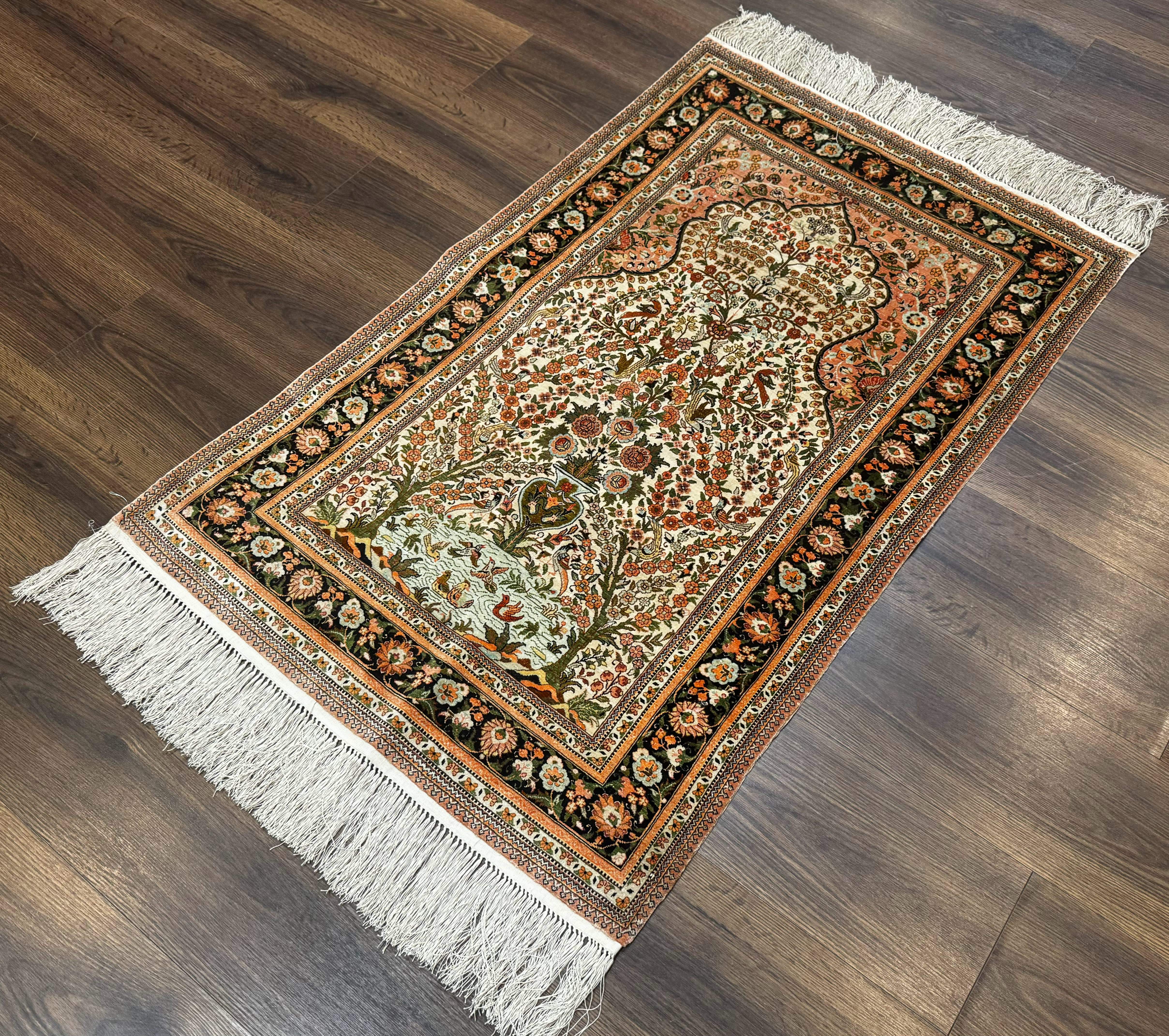 Exceptional Silk Rug 2.6 x 4, Very Fine 630 KPSI, Persian Vase Tree of Life Bird Pictorials, Handmade - Image 2