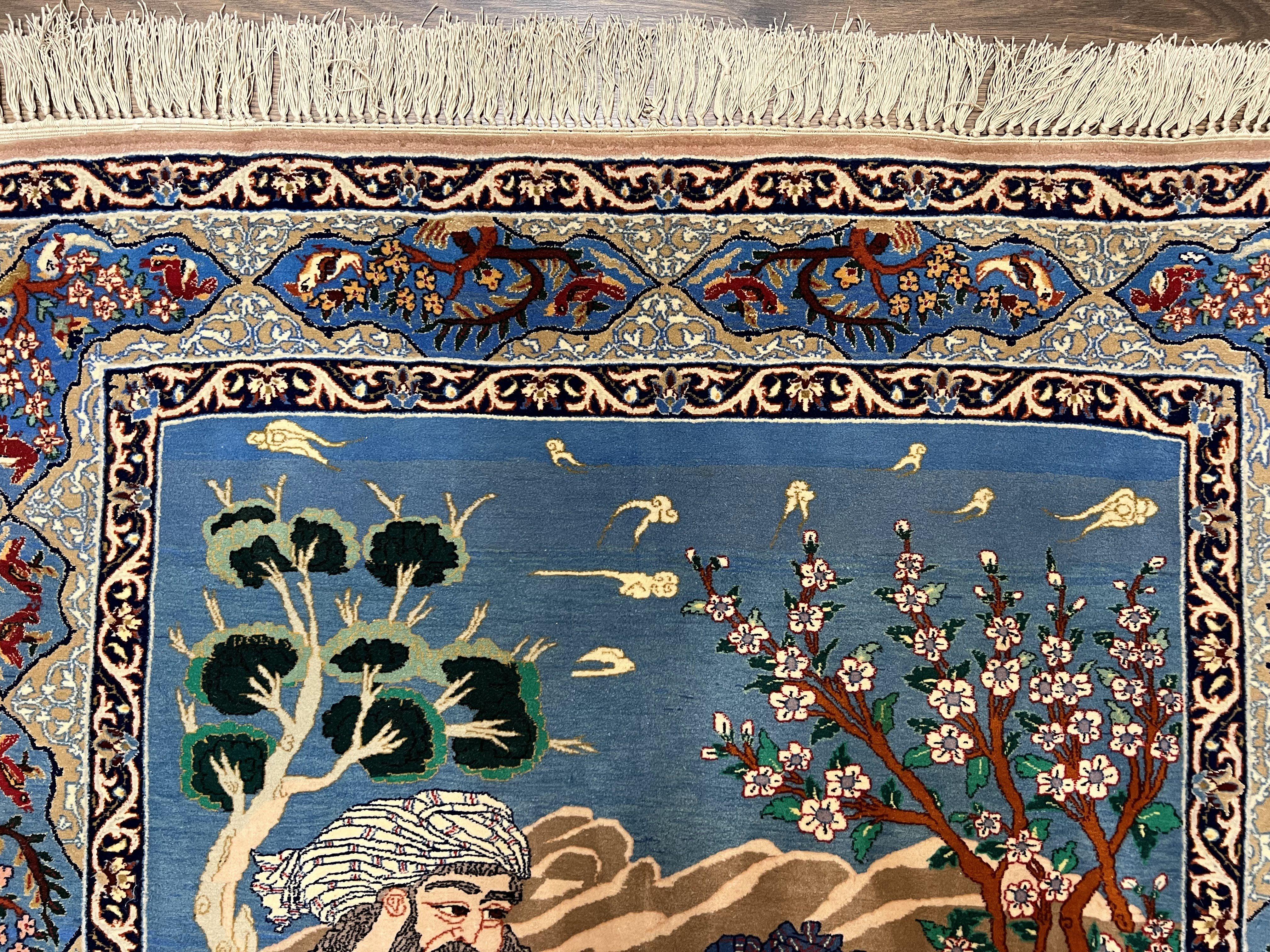 Fine Persian Isfahan Pictorial Rug 3.7 x 5, Kork Wool on Silk Foundation, Blue Persian Carpet, Hand Knotted, Humans Birds, High KPSI, Semi Antique - Image 3