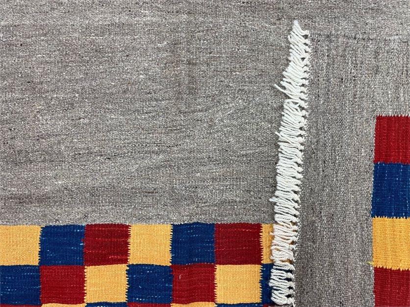 Gray Kilim Carpet, Yellow, Red, Blue Checkerboard Pattern, Flatweave, New, Geometric, Hand-Knotted, Wool, Turkish Area Rug, 5' 9" x 7' 9" - Image 10