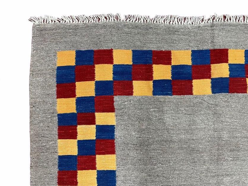 Gray Kilim Carpet, Yellow, Red, Blue Checkerboard Pattern, Flatweave, New, Geometric, Hand-Knotted, Wool, Turkish Area Rug, 5' 9" x 7' 9" - Image 6