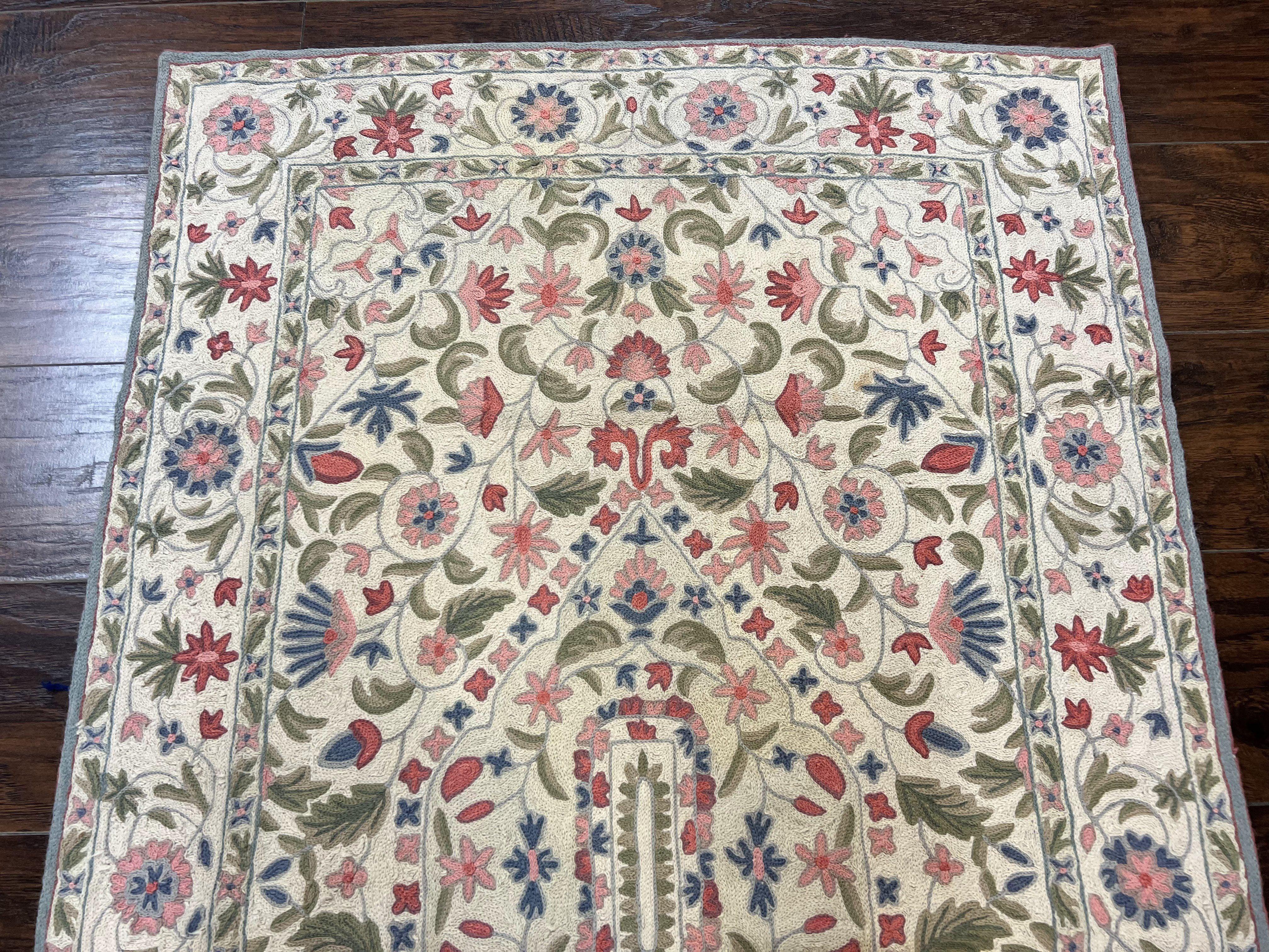 Hand Stitched Indian Rug 4x5, Floral, Vintage Hand Embroidered Rug - Image 10