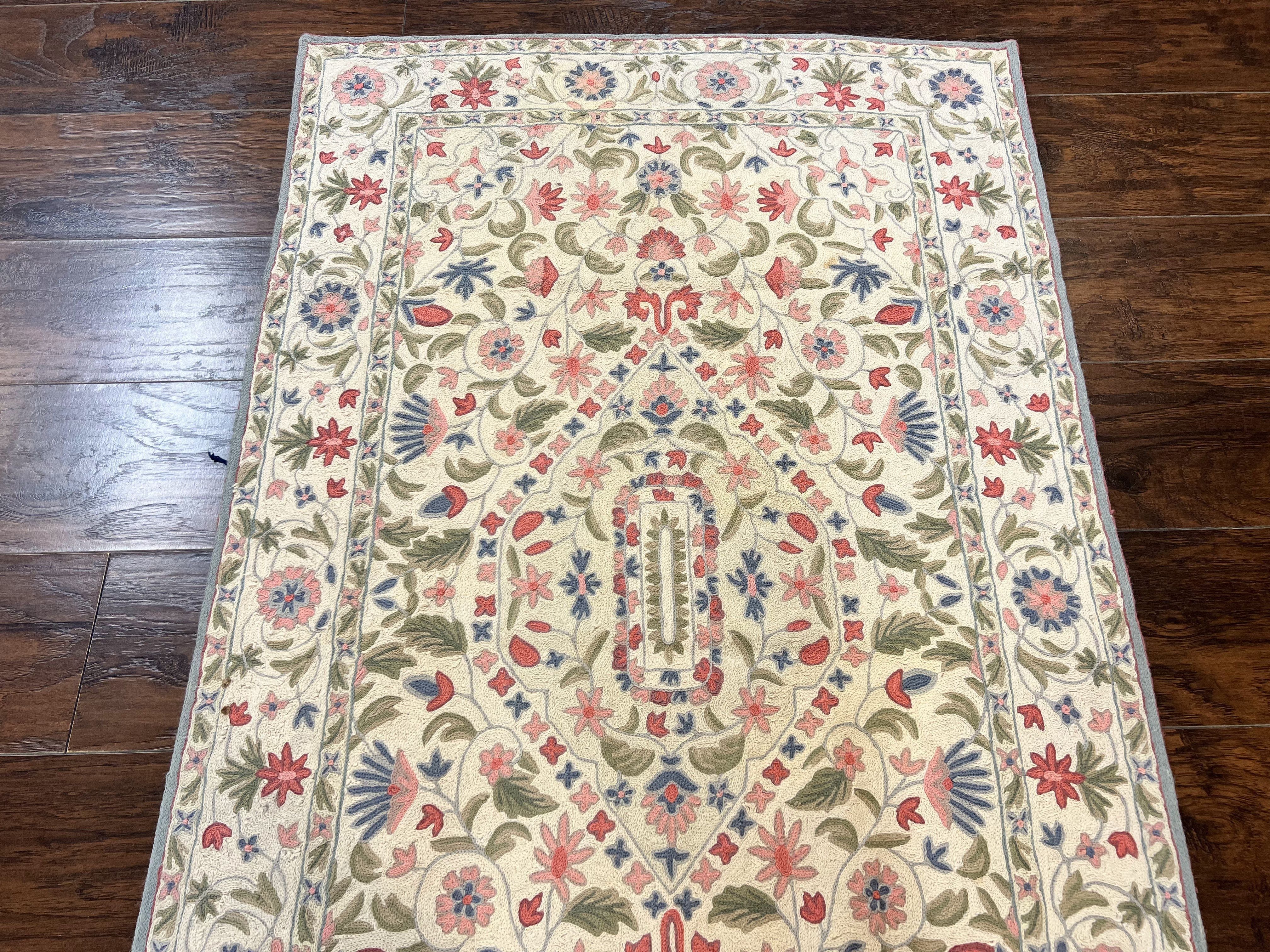 Hand Stitched Indian Rug 4x5, Floral, Vintage Hand Embroidered Rug - Image 2