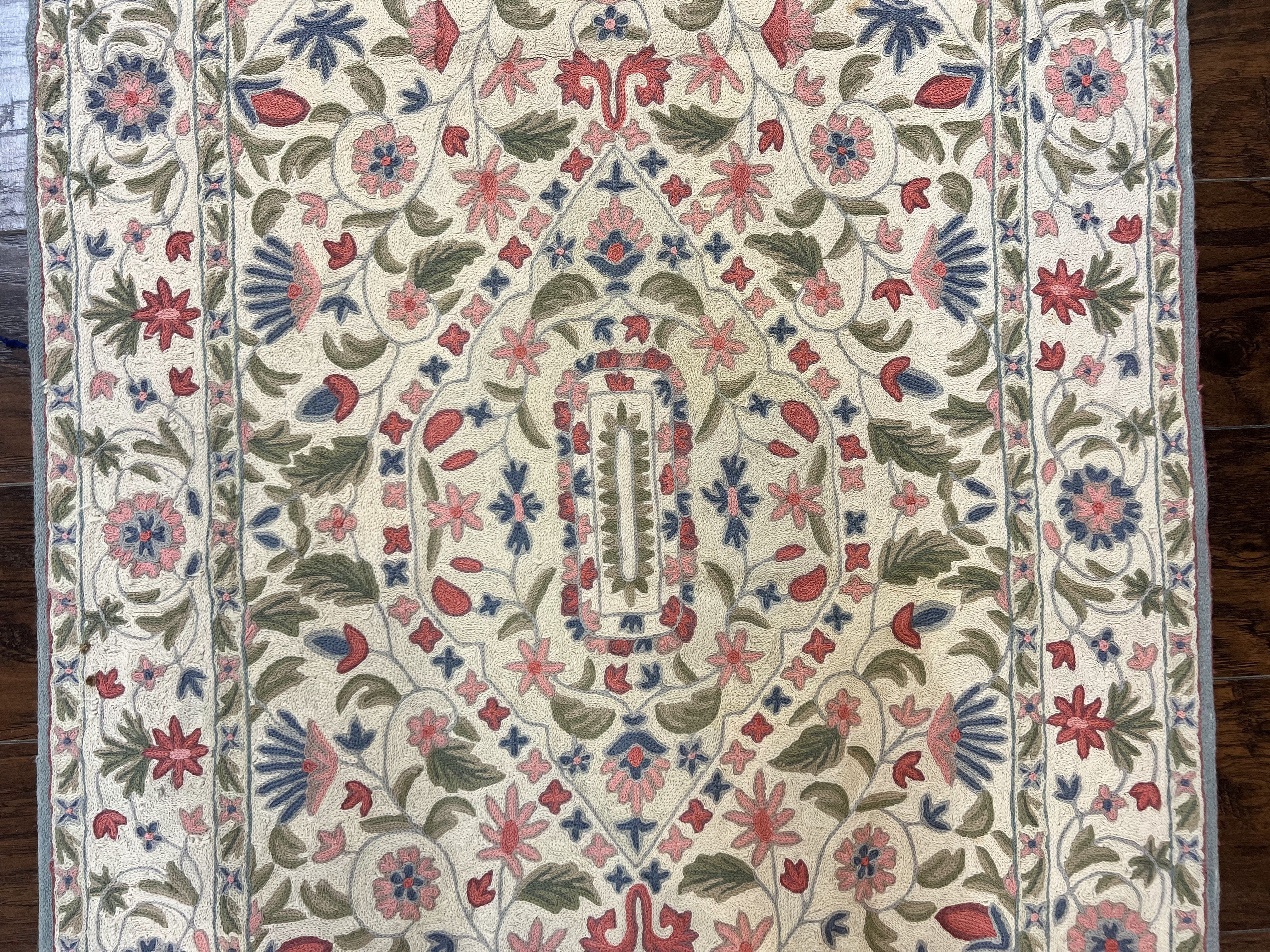 Hand Stitched Indian Rug 4x5, Floral, Vintage Hand Embroidered Rug - Image 4
