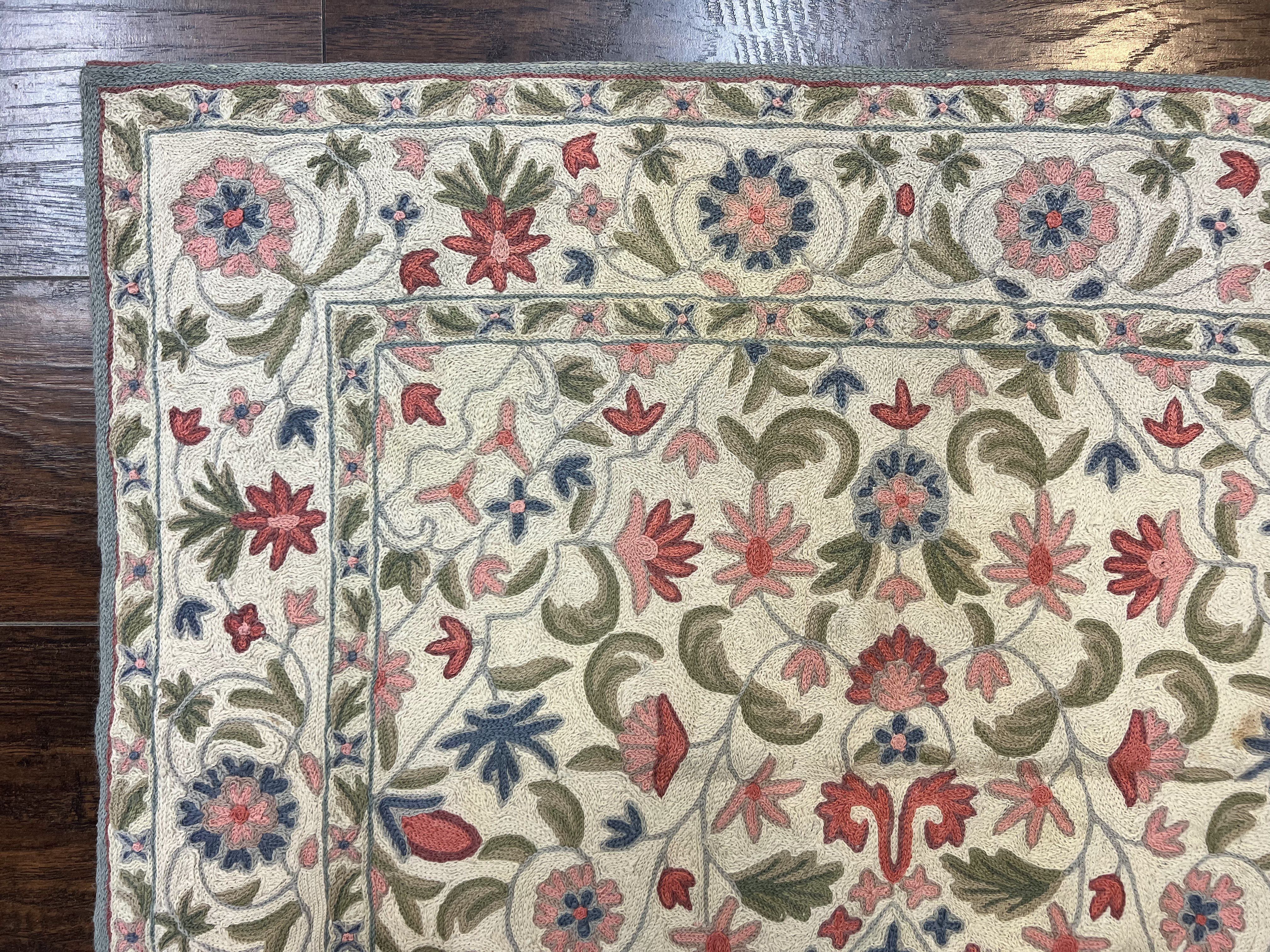 Hand Stitched Indian Rug 4x5, Floral, Vintage Hand Embroidered Rug - Image 6