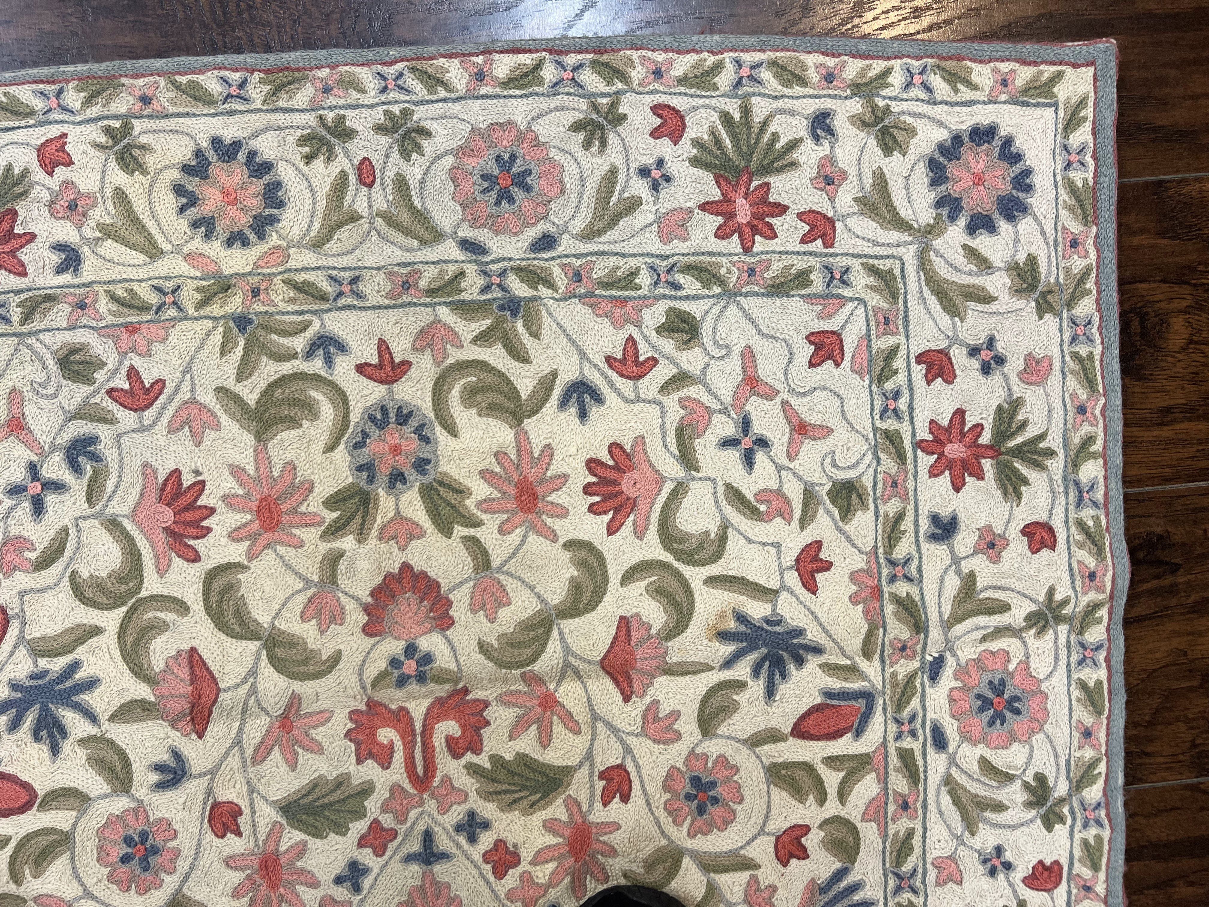 Hand Stitched Indian Rug 4x5, Floral, Vintage Hand Embroidered Rug - Image 7