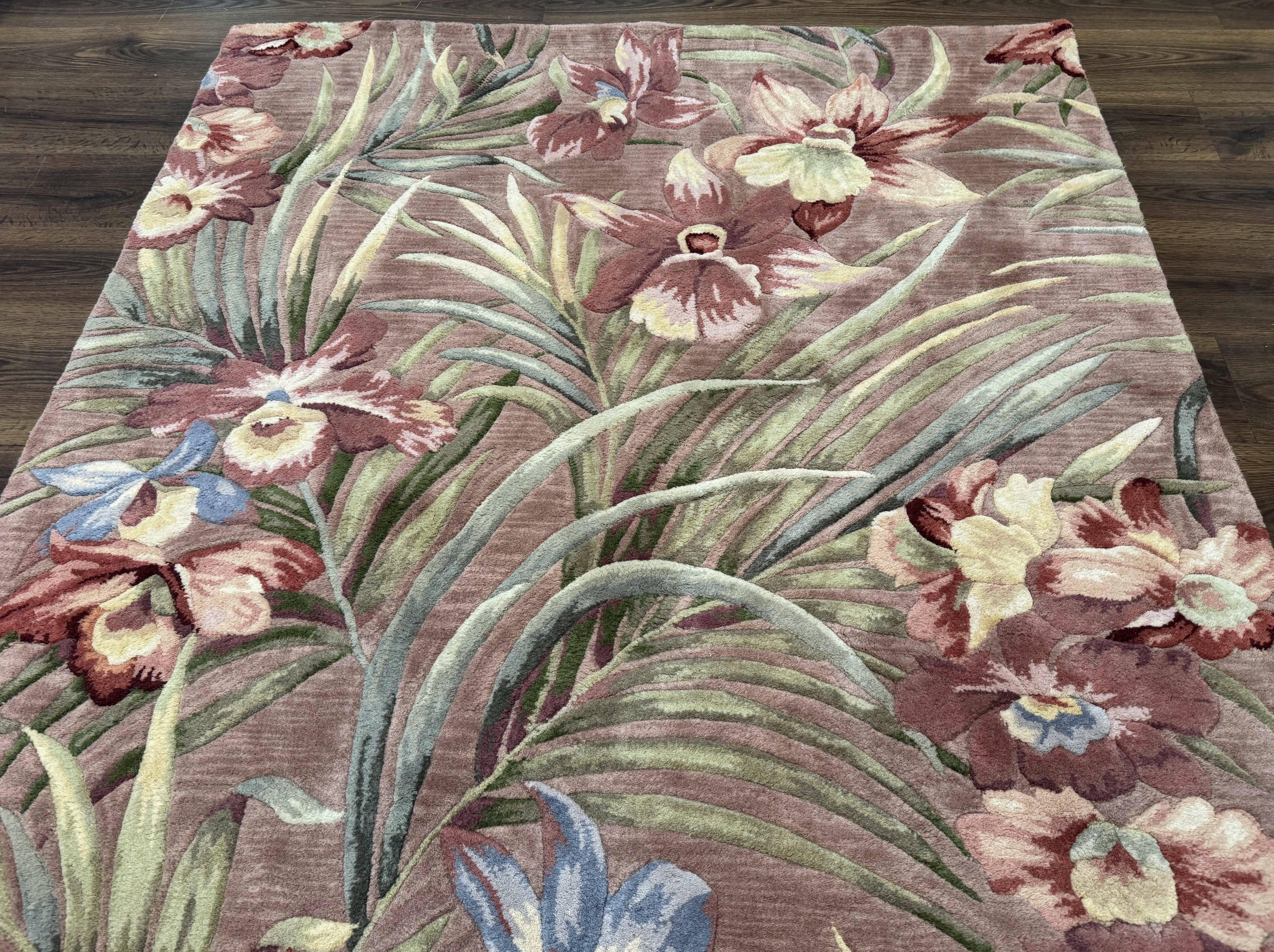 Hand Tufted Floral Rug 5x8, Light Rose Wool Carpet - Image 3
