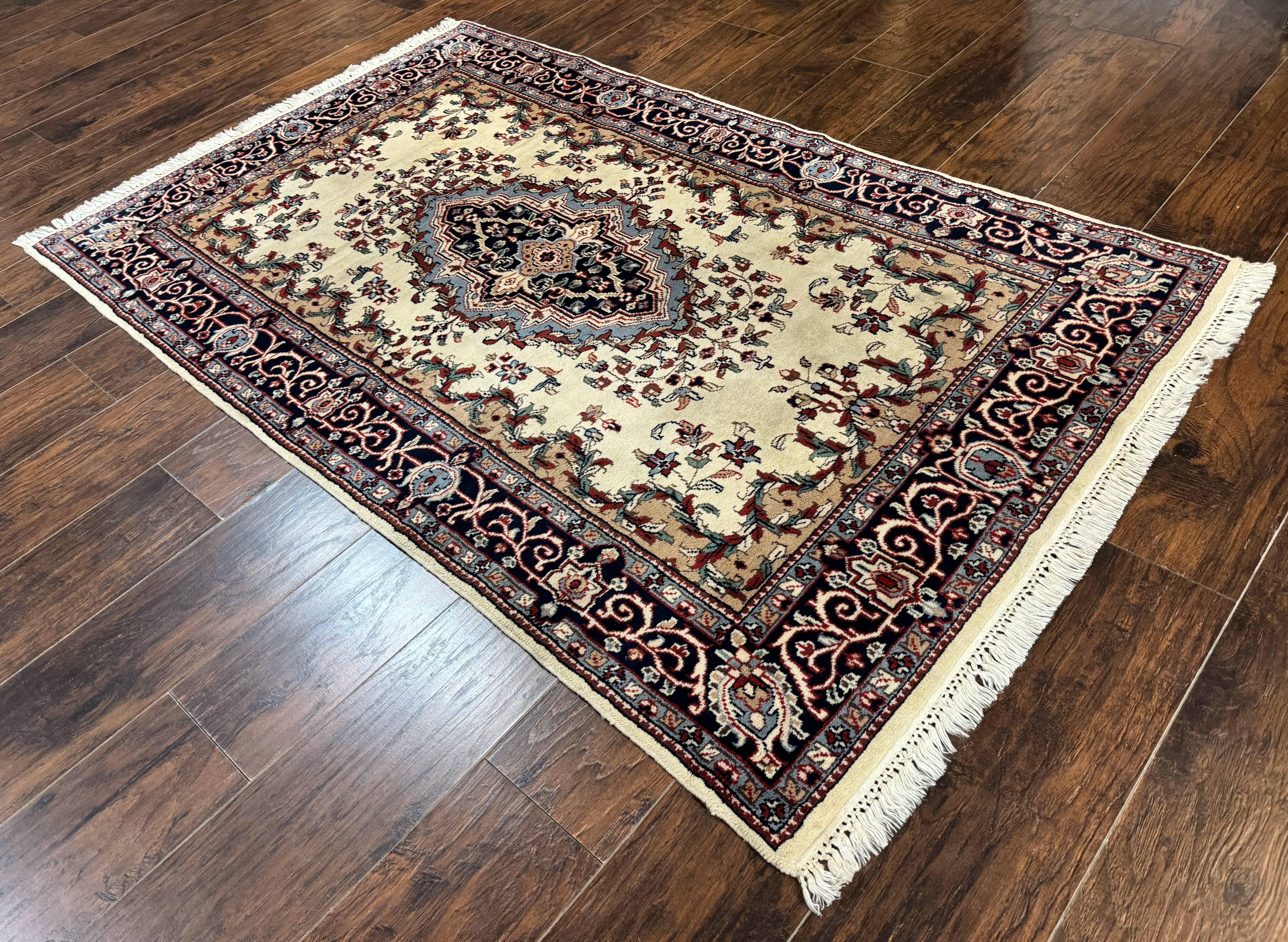 Indian Kashmiri Rug 4x6, Ivory Beige Navy Blue, Traditional Indo Persian Rug - Image 12