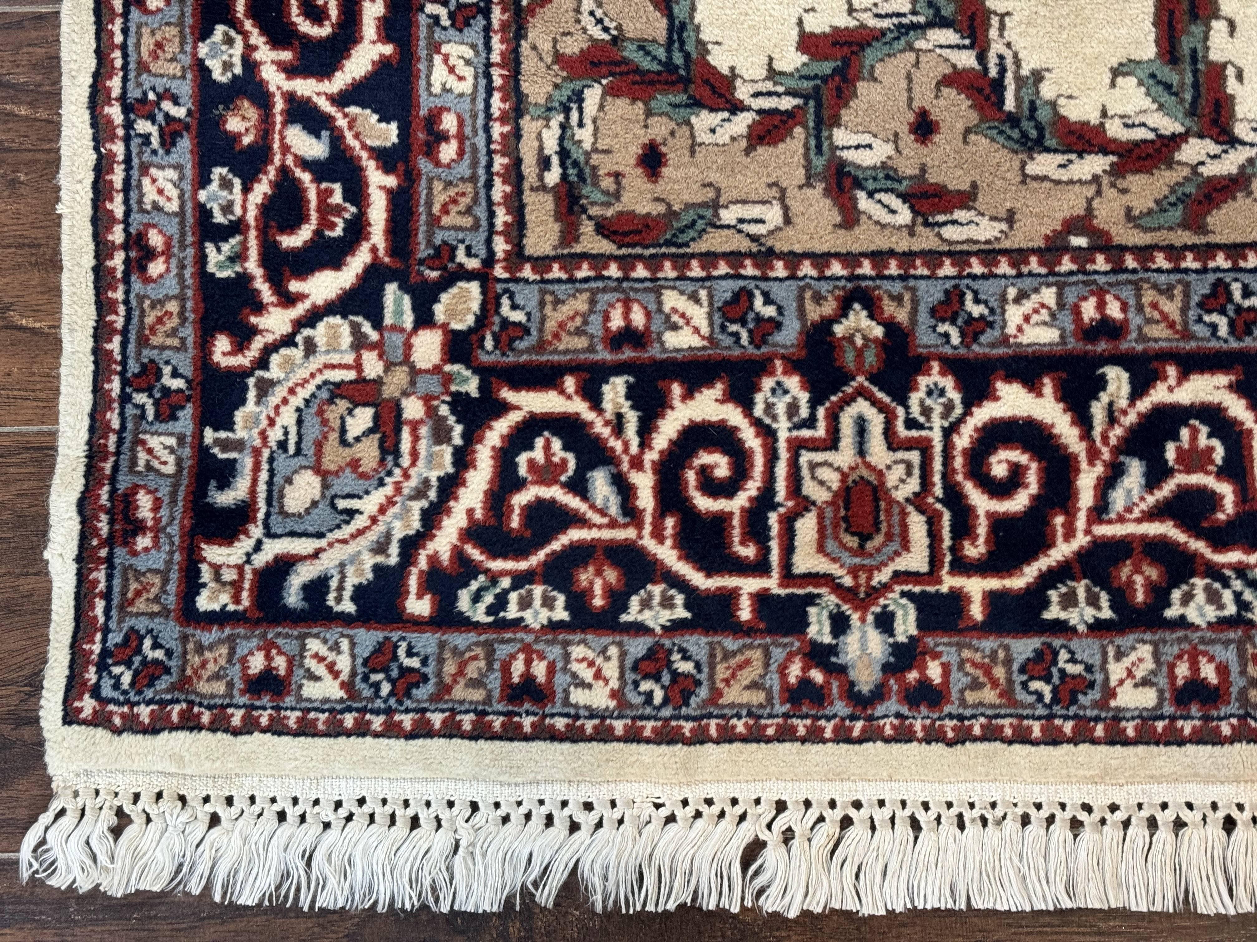 Indian Kashmiri Rug 4x6, Ivory Beige Navy Blue, Traditional Indo Persian Rug - Image 8