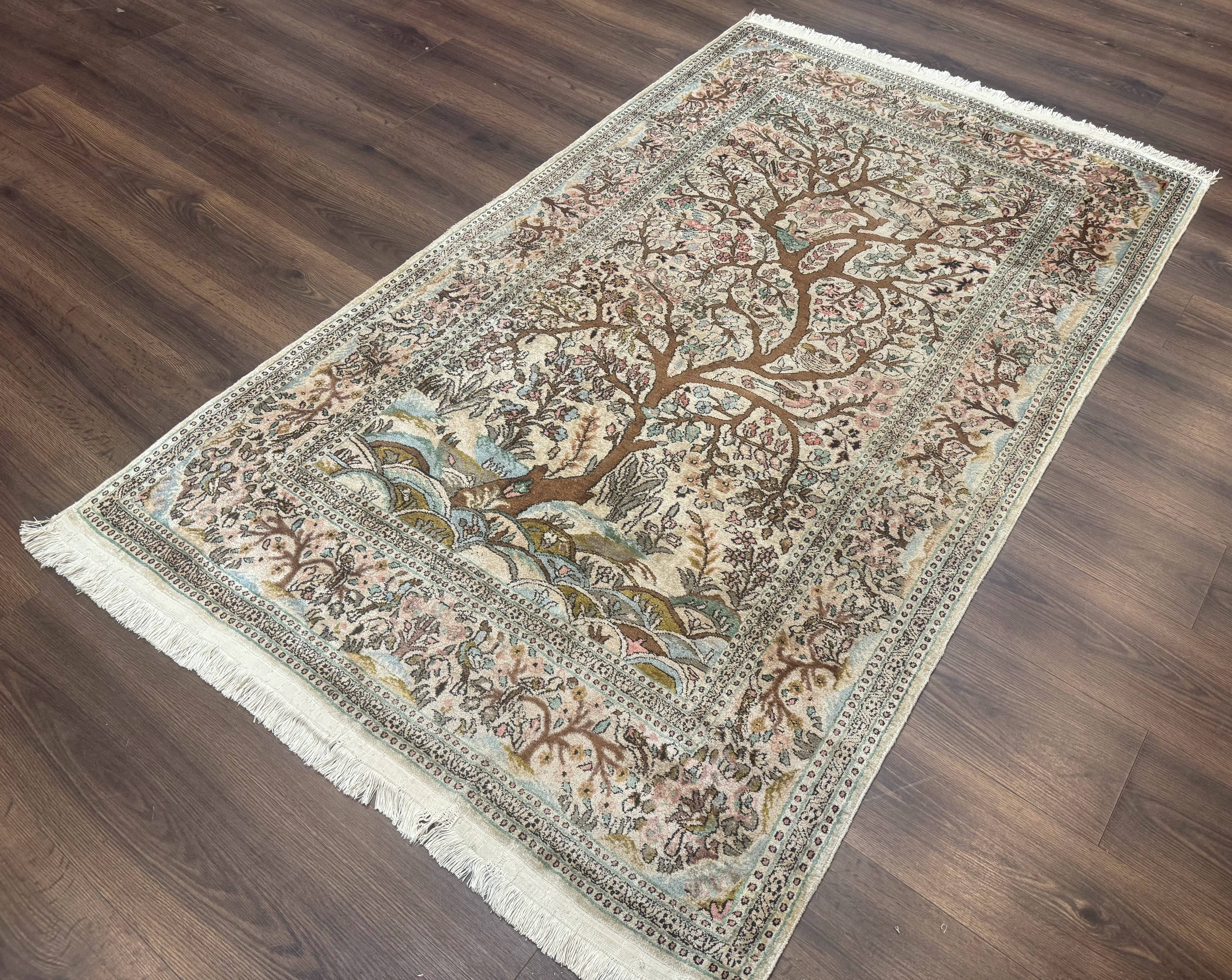 Indian Kashmiri Silk Rug 4x7, Tree of Life Design, Very Fine 380 KPSI, Birds - Image 3