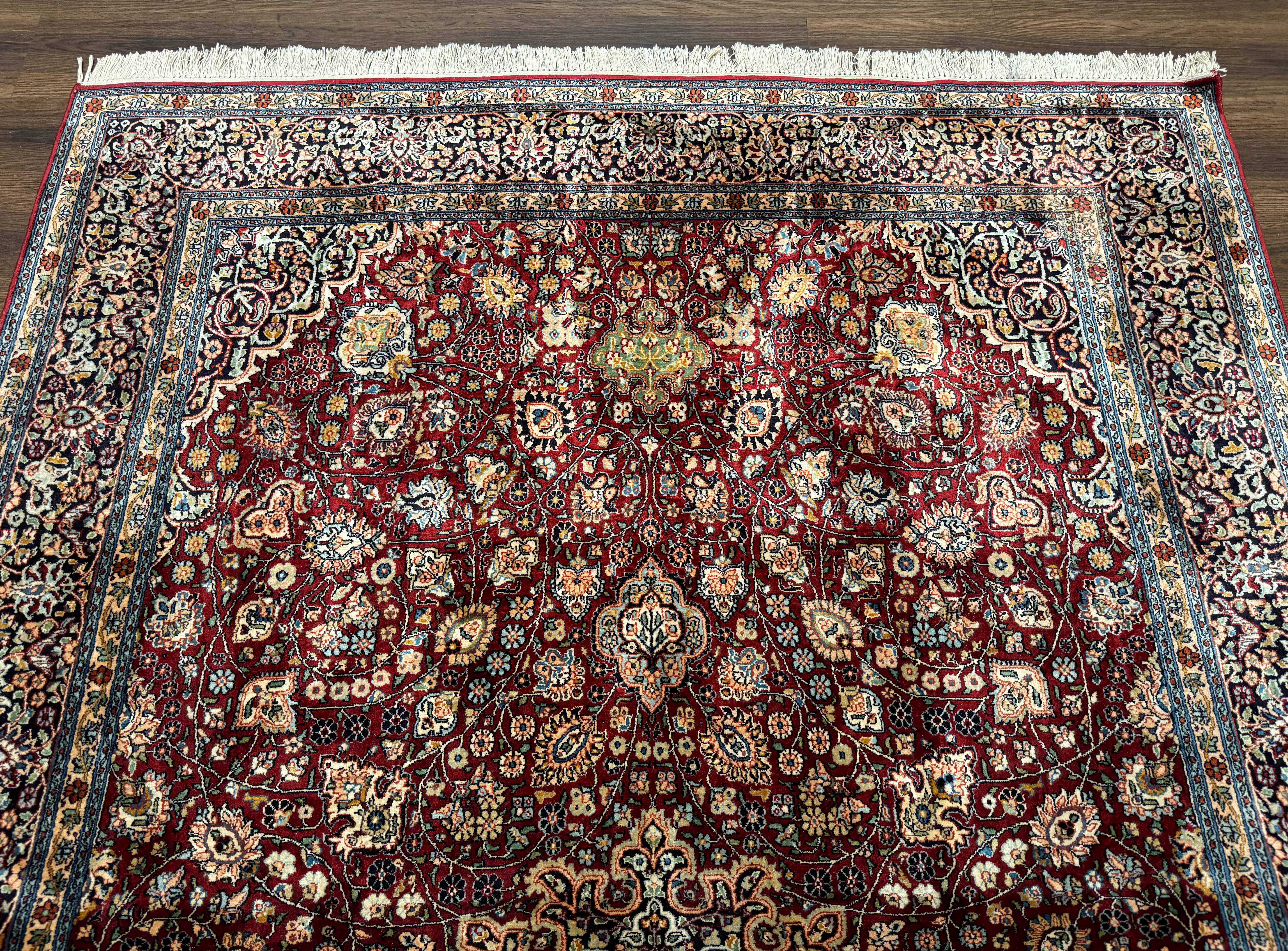 Indian Kashmiri Silk Rug 6x9, Red and Navy Blue, Floral Medallion, Fine 275 KPSI - Image 3