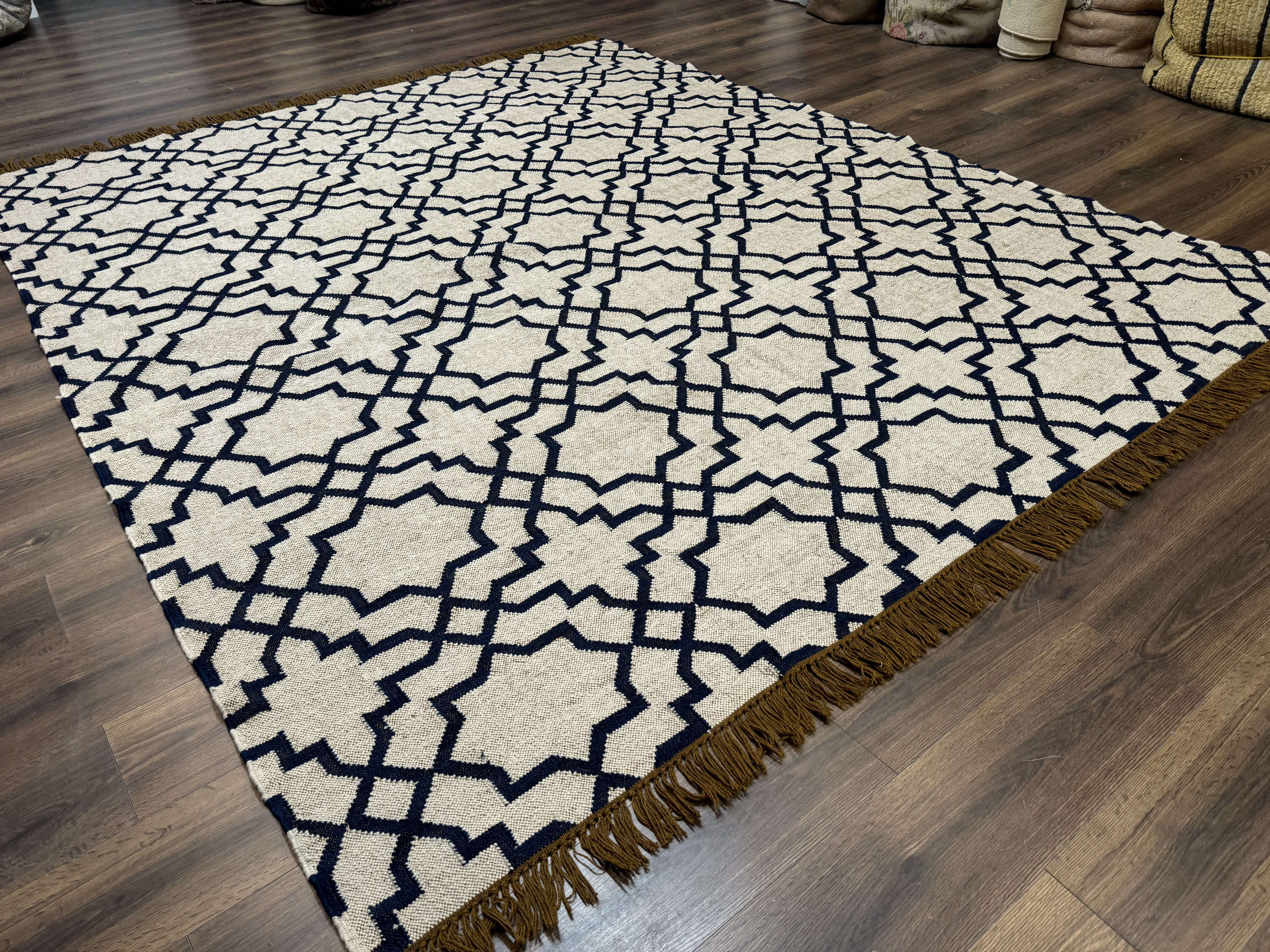 Indian Kilim Rug 8x10, Oat and Navy Blue, Dhurrie Carpet, Handmade, Wool - Image 13