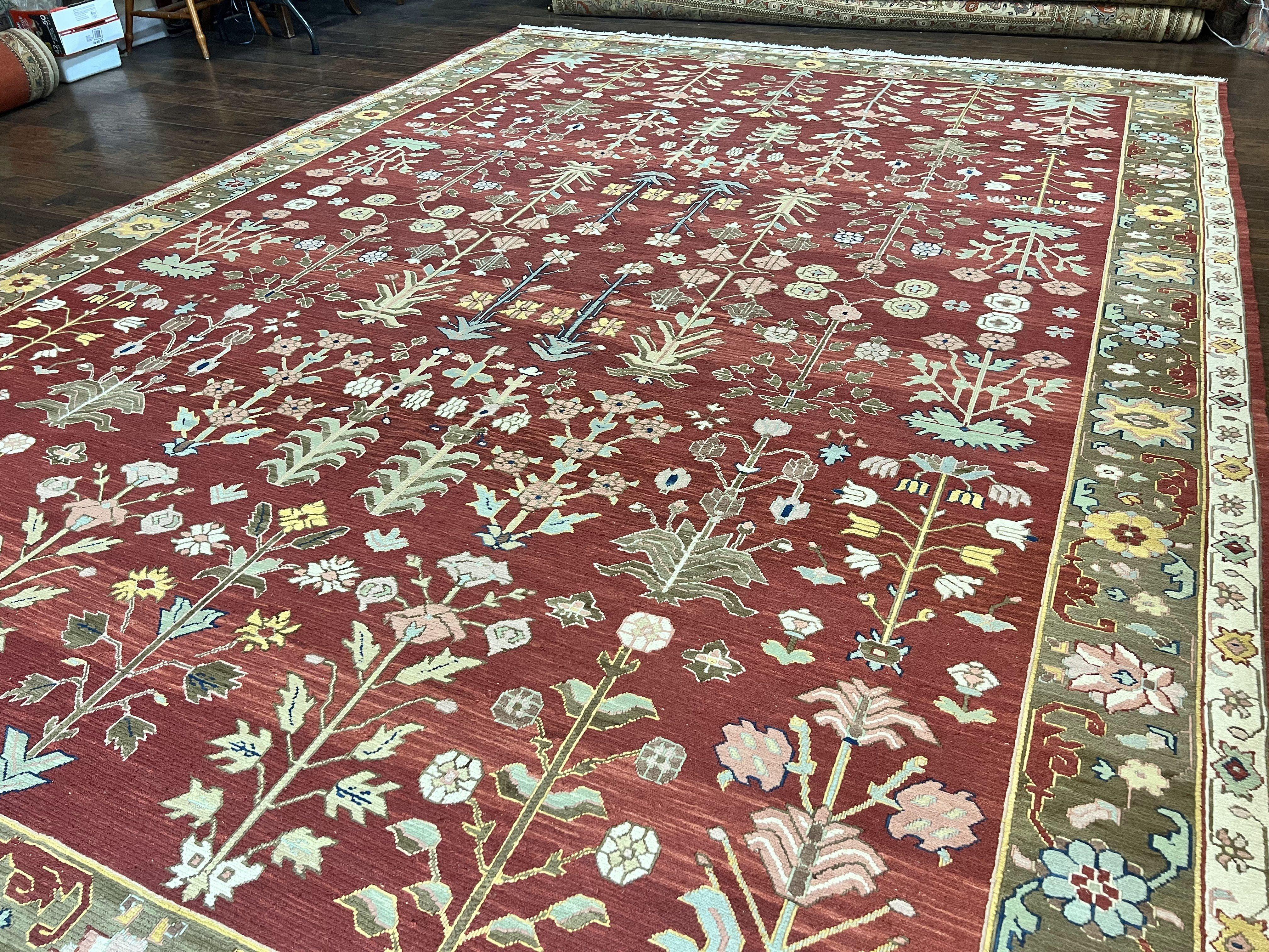 Indian Rug 10x14, Wool Hand Knotted Flatweave Carpet, Tree of Life, Red and Green - Image 2