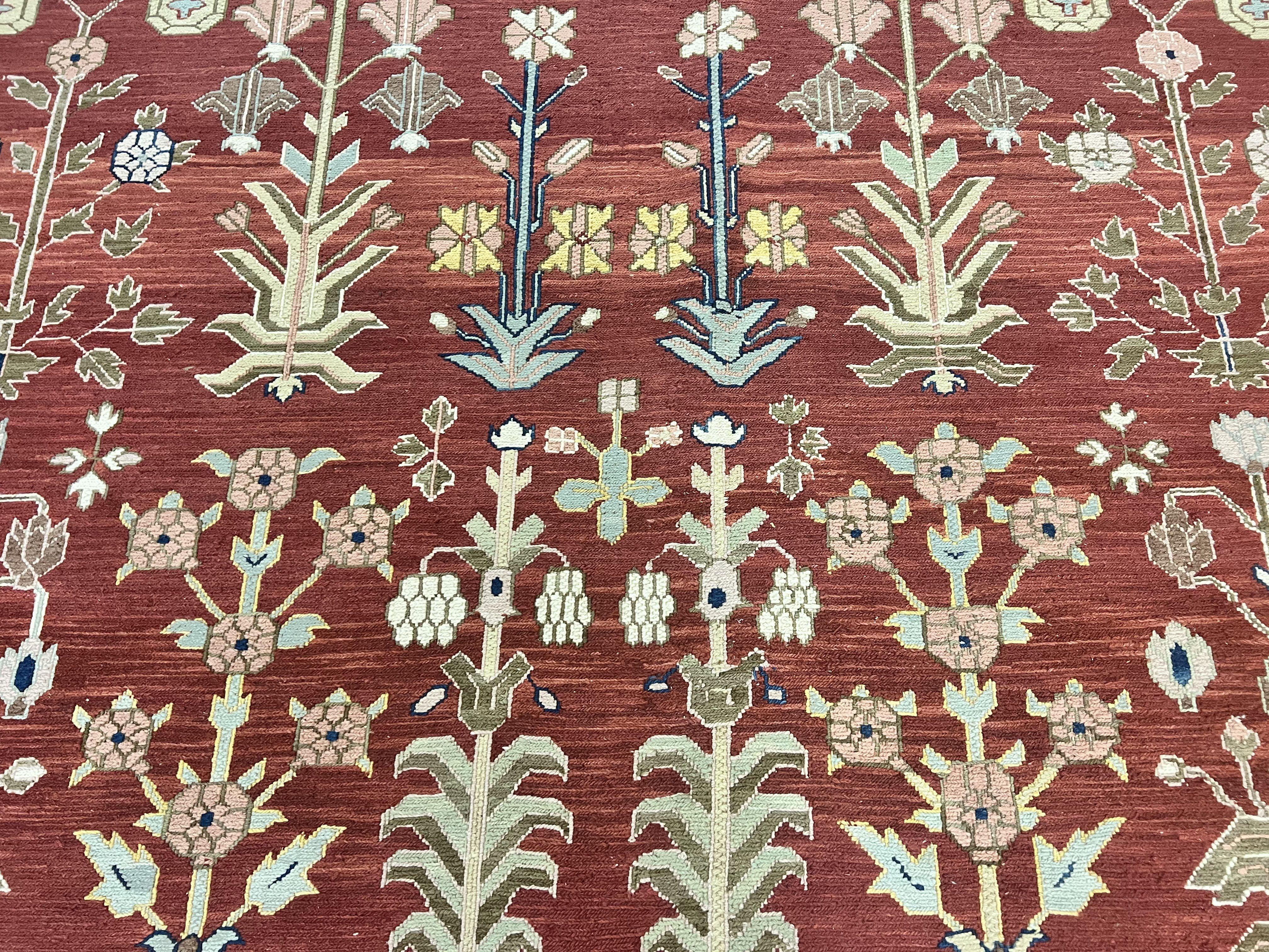 Indian Rug 10x14, Wool Hand Knotted Flatweave Carpet, Tree of Life, Red and Green - Image 4