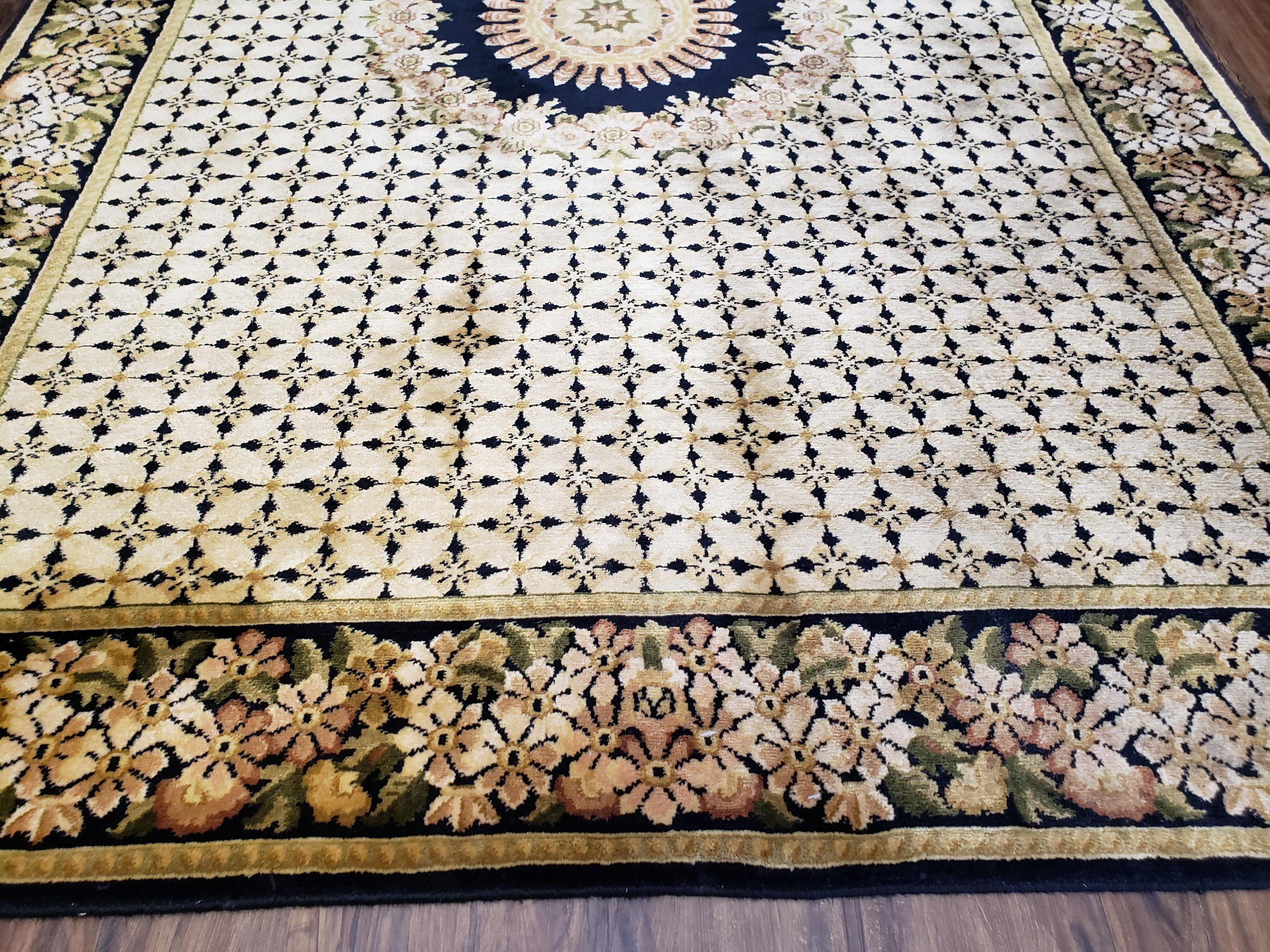 Indian Rug with Tibetan Weave, 6x8 - 6x9 Rugs, Indo-Tibetan Rug, Black and Cream Beige Tan, Floral Border, Soft Rug, Handmade Area Rug, Wool - Image 5