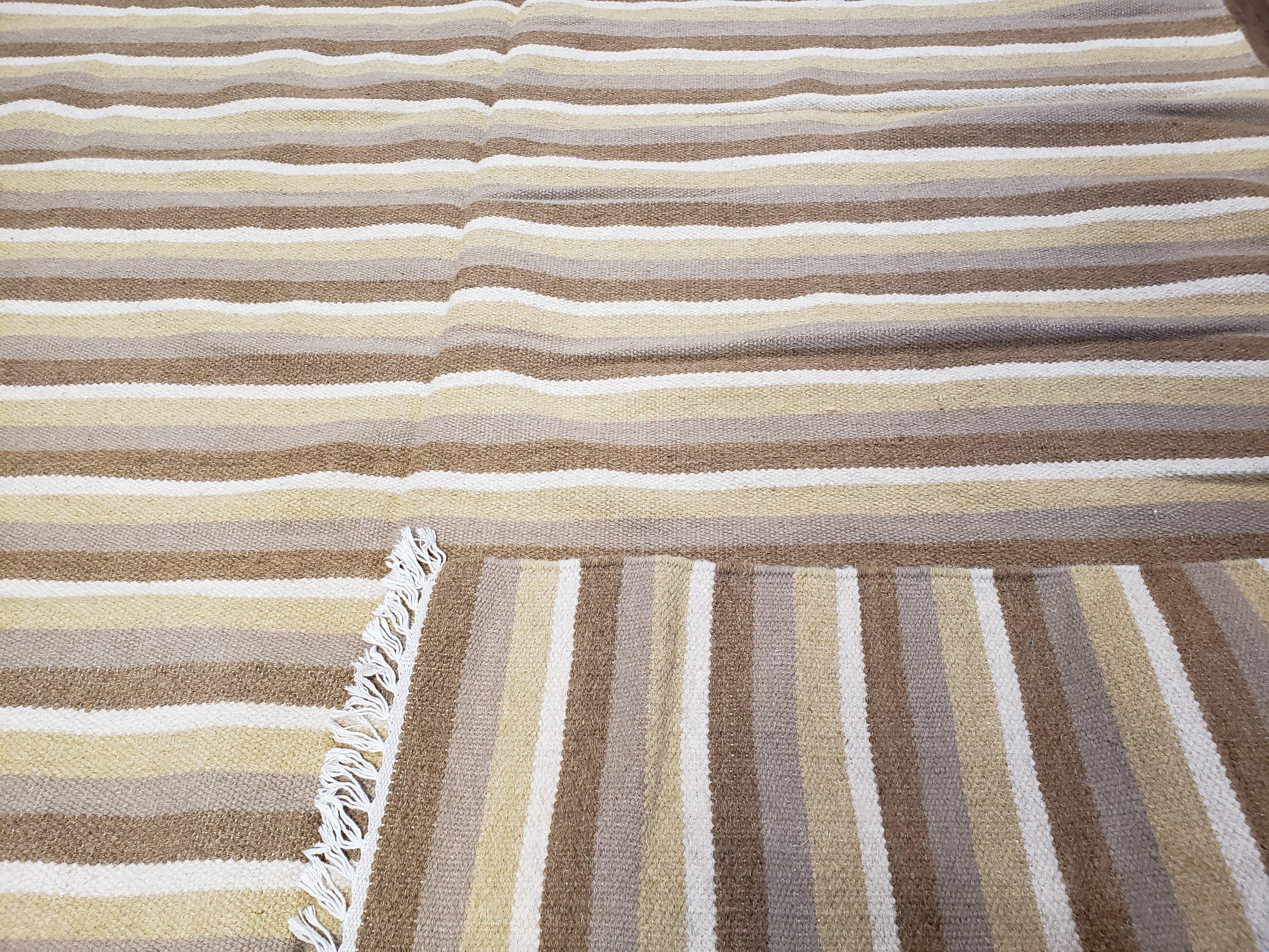 Indian Striped Blanket 6x9, Large Indo Kilim Area Rug, Earthern Tones Woolen Hand-Woven Flatweave South American Style Queen Size Bedspread - Image 12