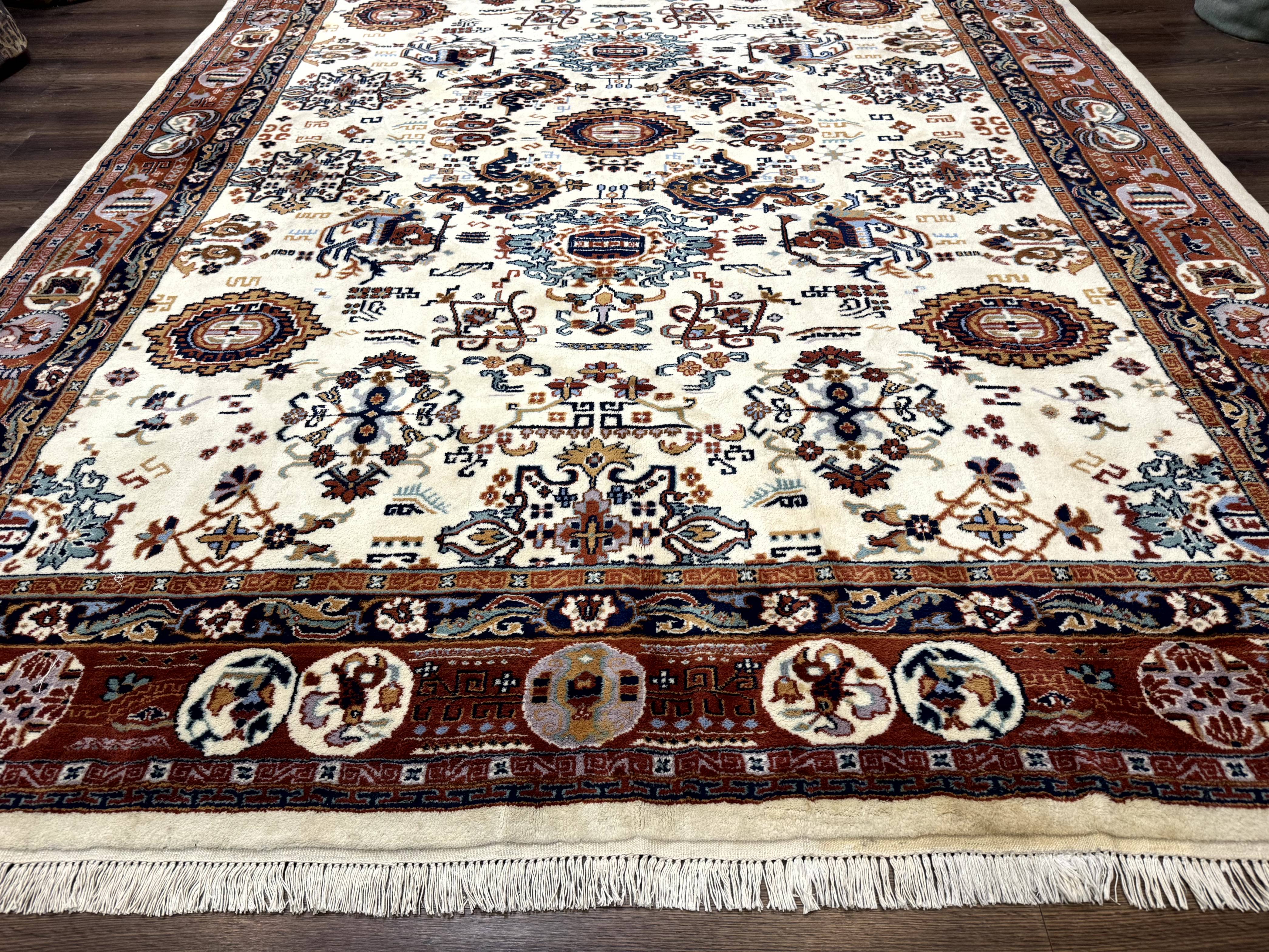 Indo Chinese Wool Rug 9x12, Ivory and Rust Red, Dragon Motifs - Image 5