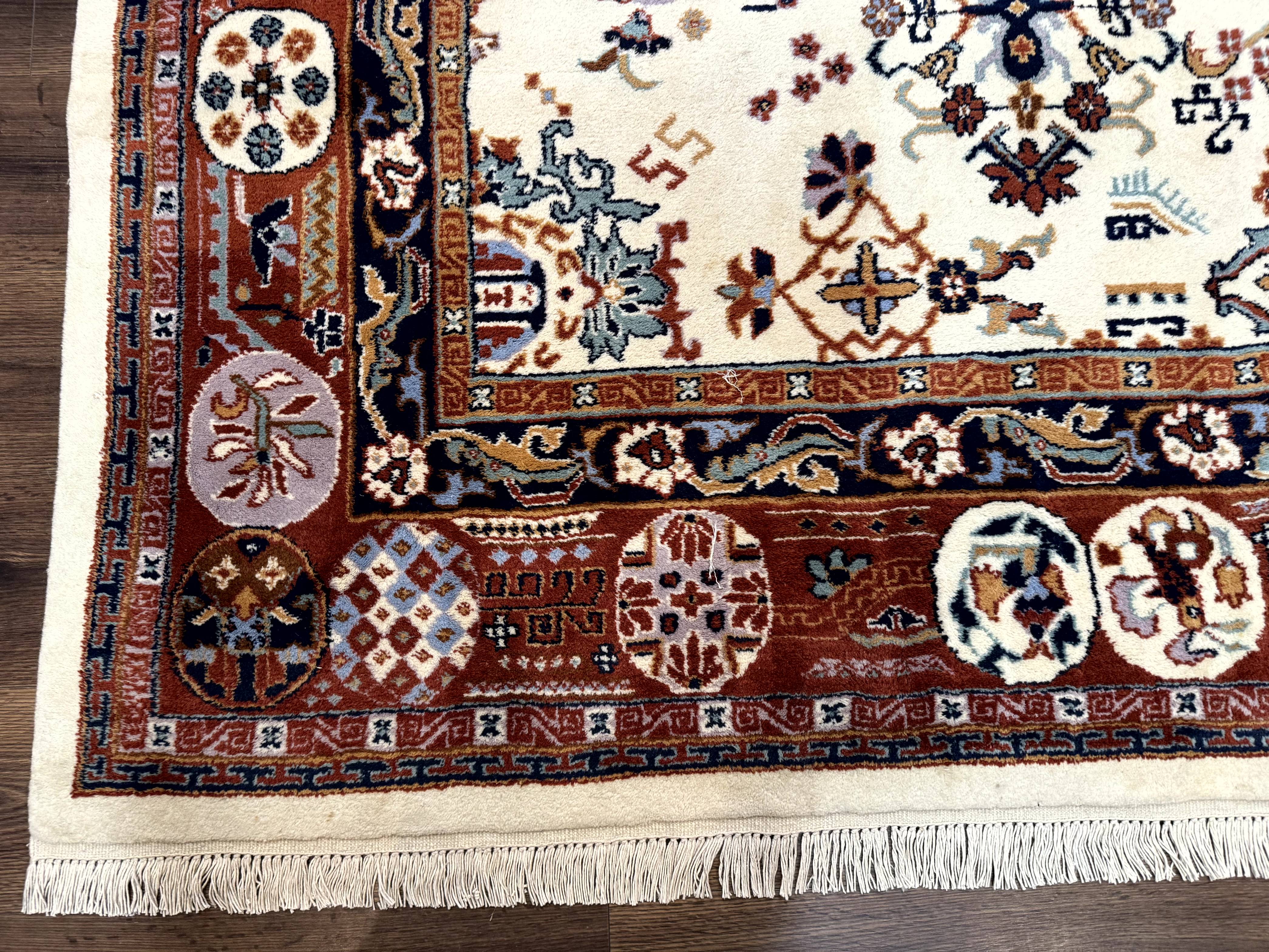 Indo Chinese Wool Rug 9x12, Ivory and Rust Red, Dragon Motifs - Image 8