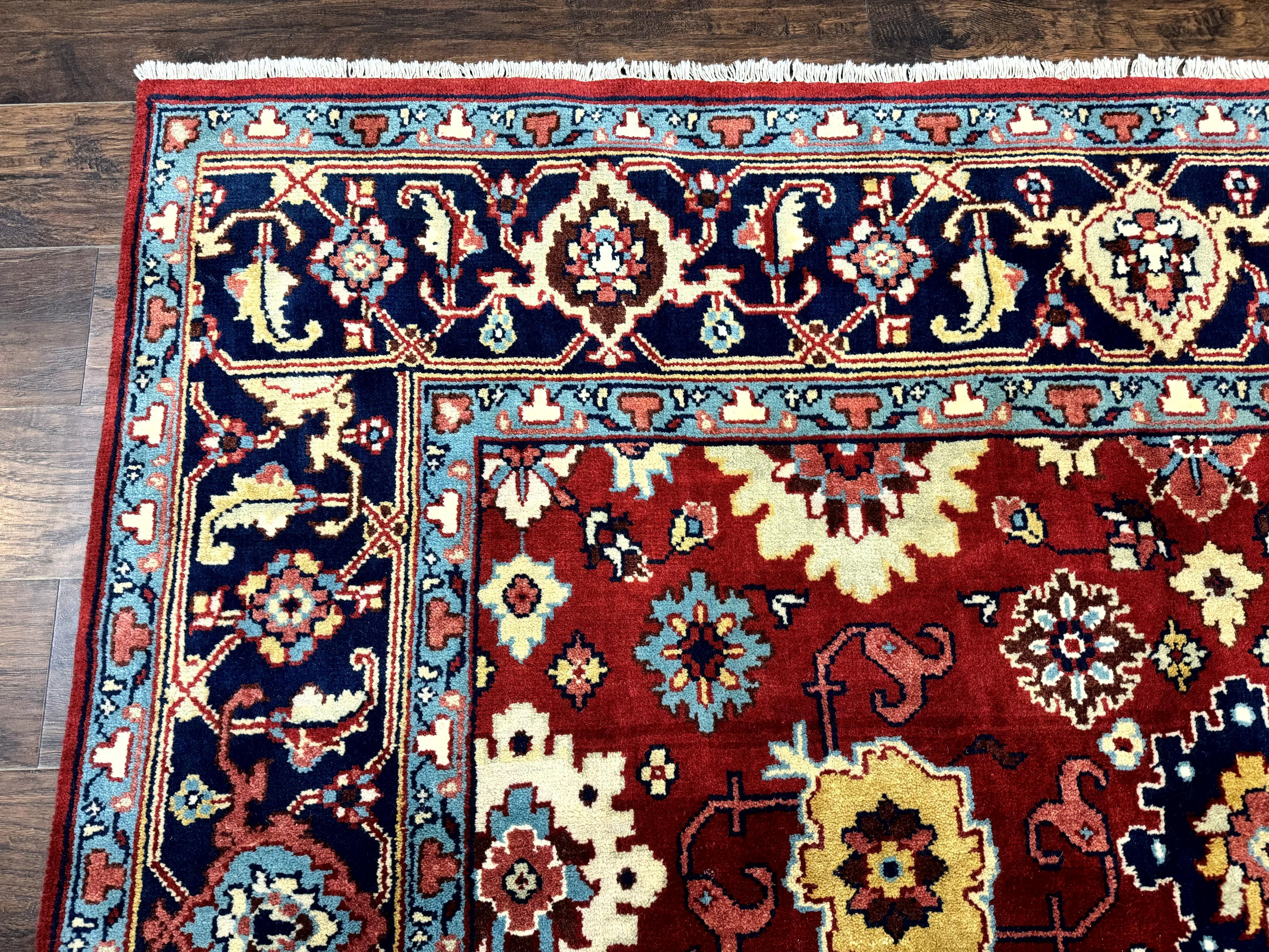 Indo Heriz Rug 8x10, Red and Navy Blue, Allover Pattern, Wool Handmade Carpet - Image 6