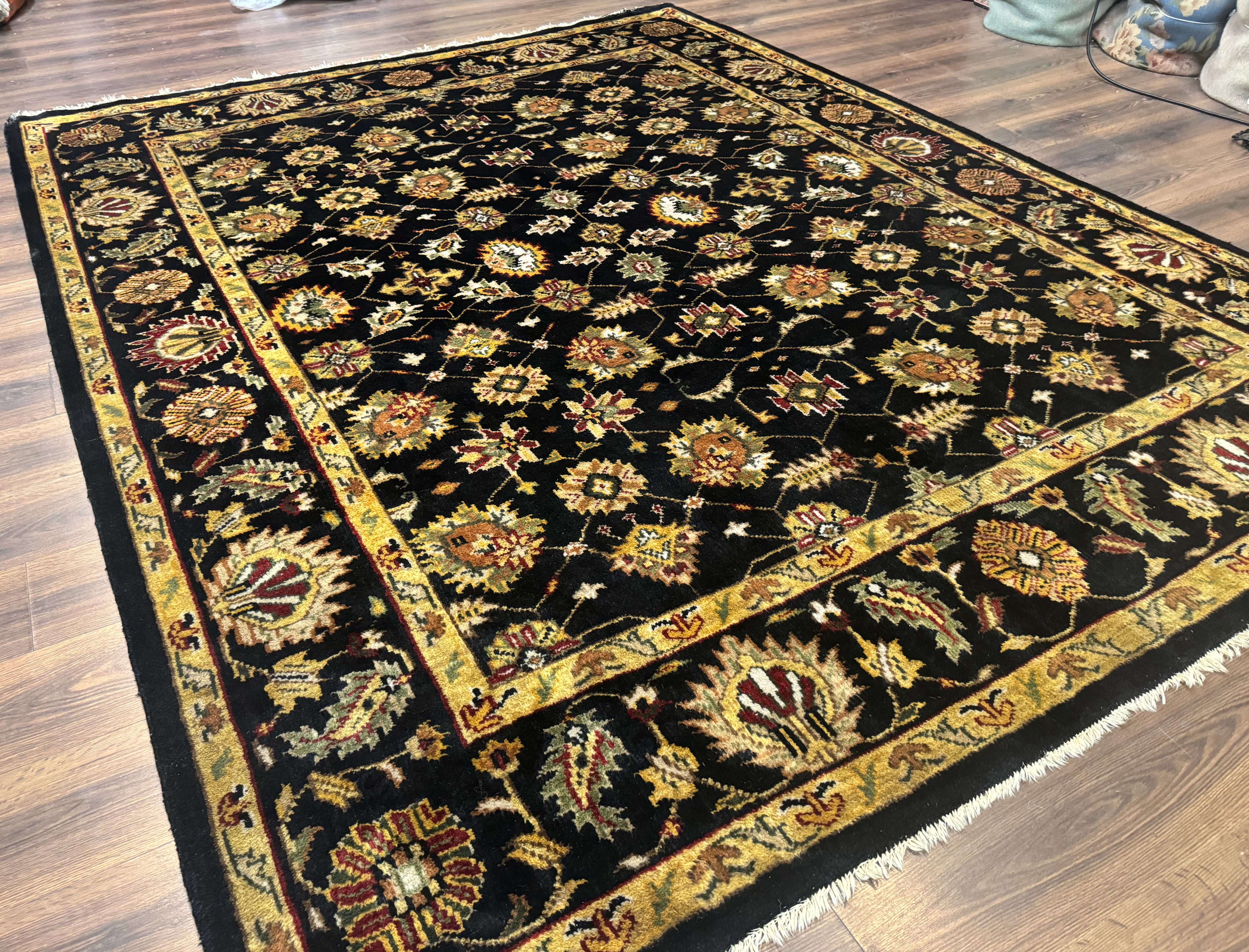 Indo Persian Mahal Rug 8x10, Black and Gold, Wool Hand Knotted Oriental Carpet - Image 12