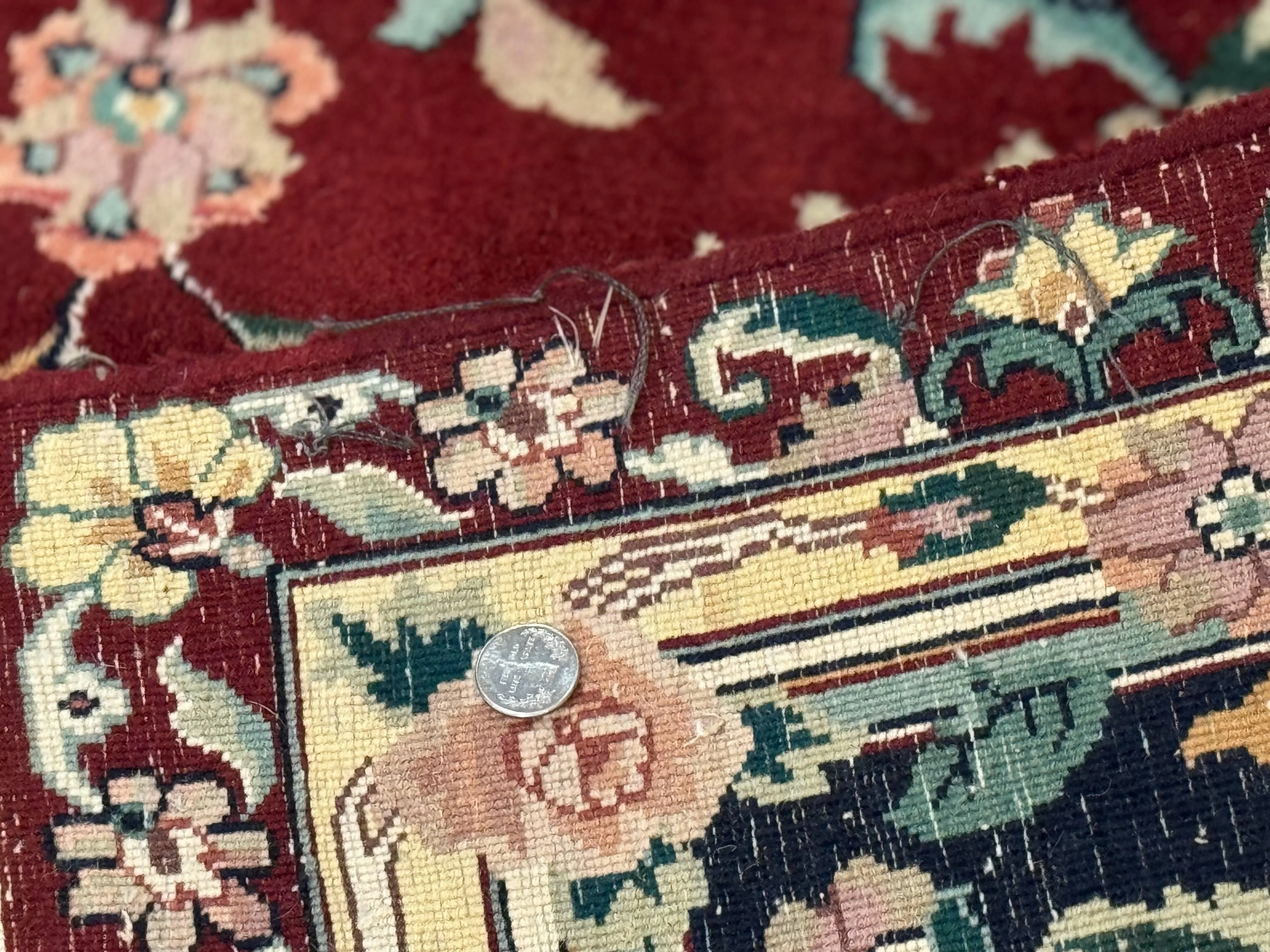 Indo Persian Rug 8x10, Floral Allover with Bird Pictorials, Maroon and Navy Blue, Handmade Wool Area Rug - Image 10