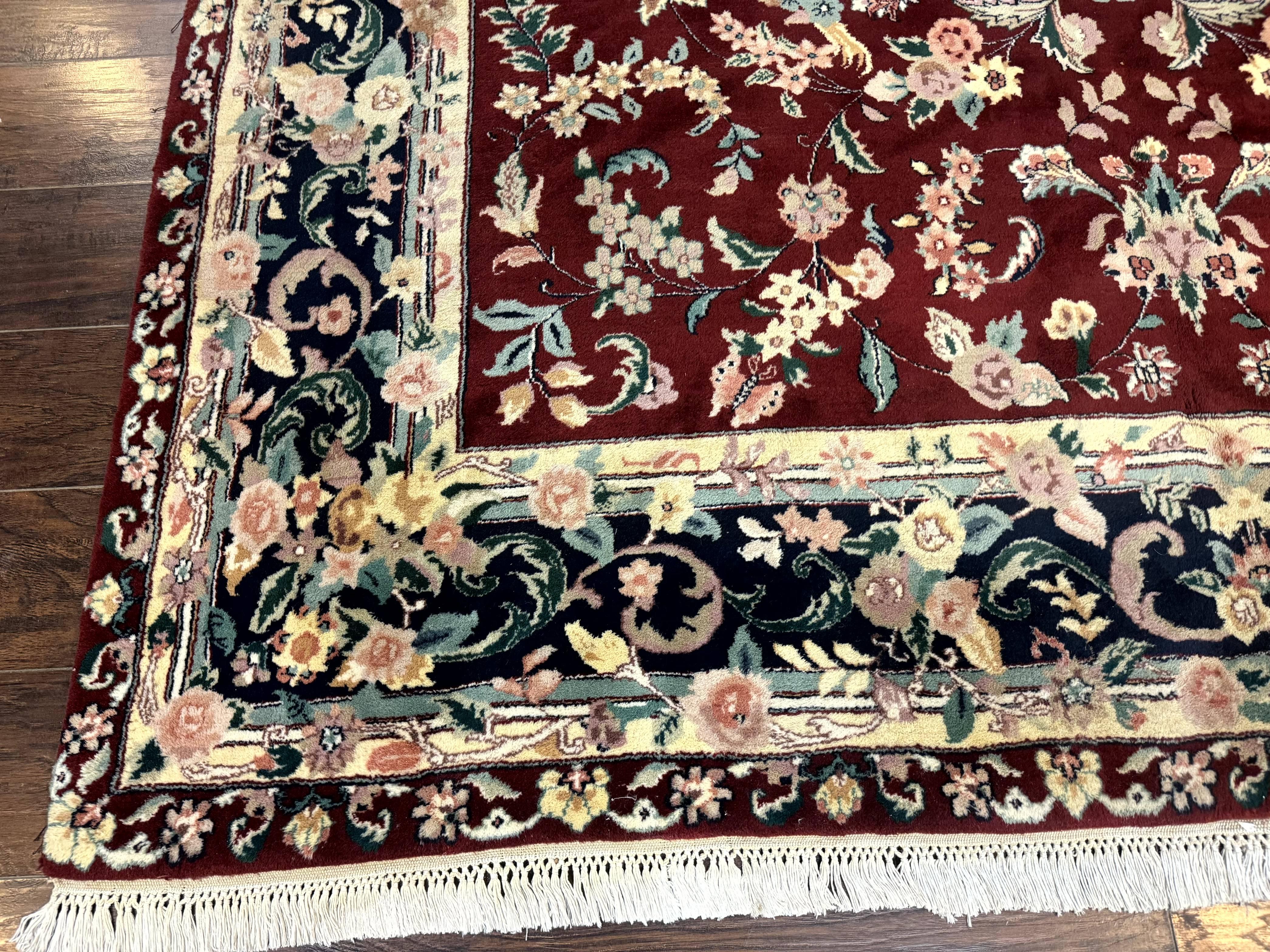 Indo Persian Rug 8x10, Floral Allover with Bird Pictorials, Maroon and Navy Blue, Handmade Wool Area Rug - Image 8