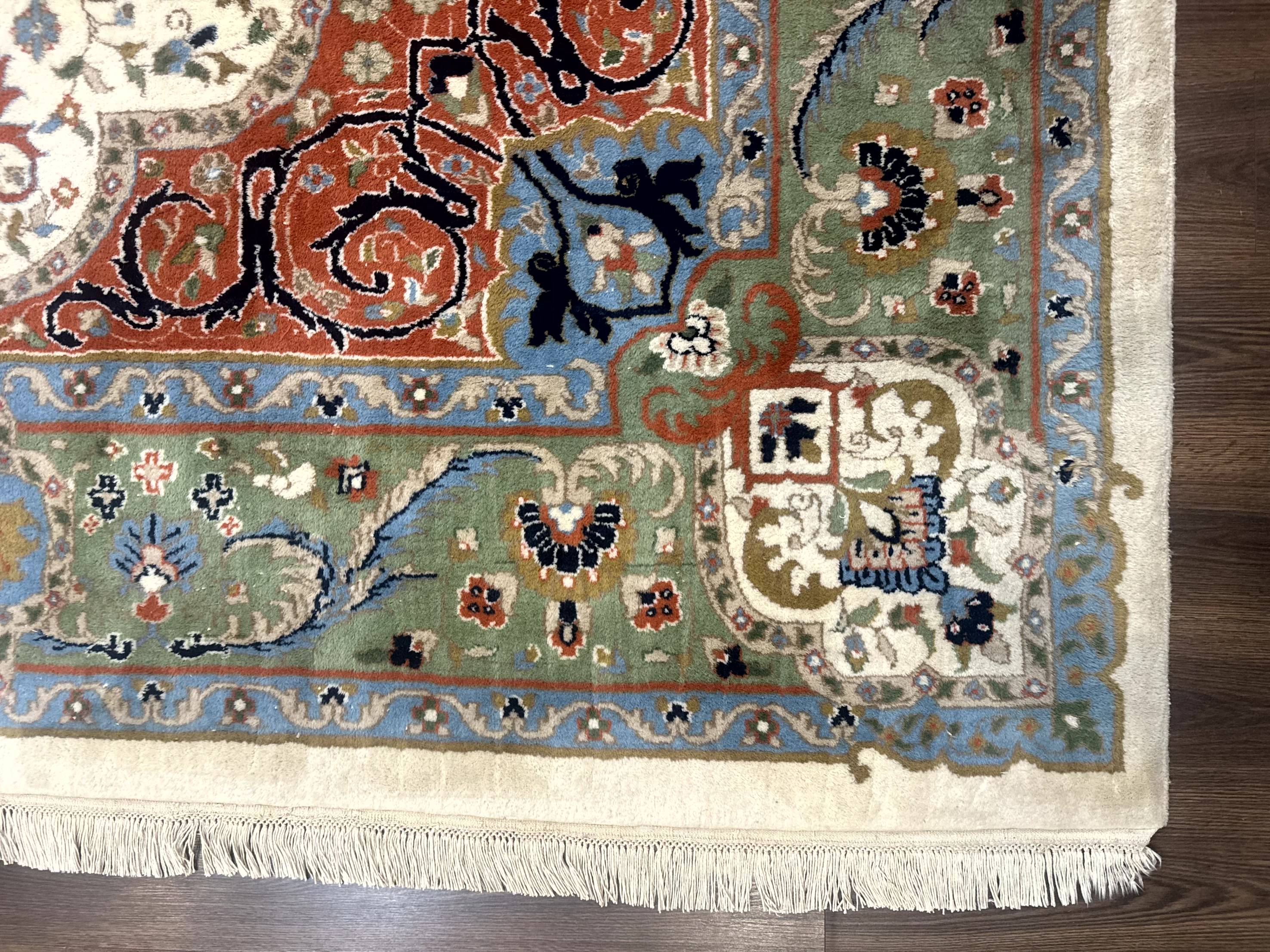 Indo Persian Rug 9x12, Ivory Red Green, Traditional Oriental Carpet - Image 9