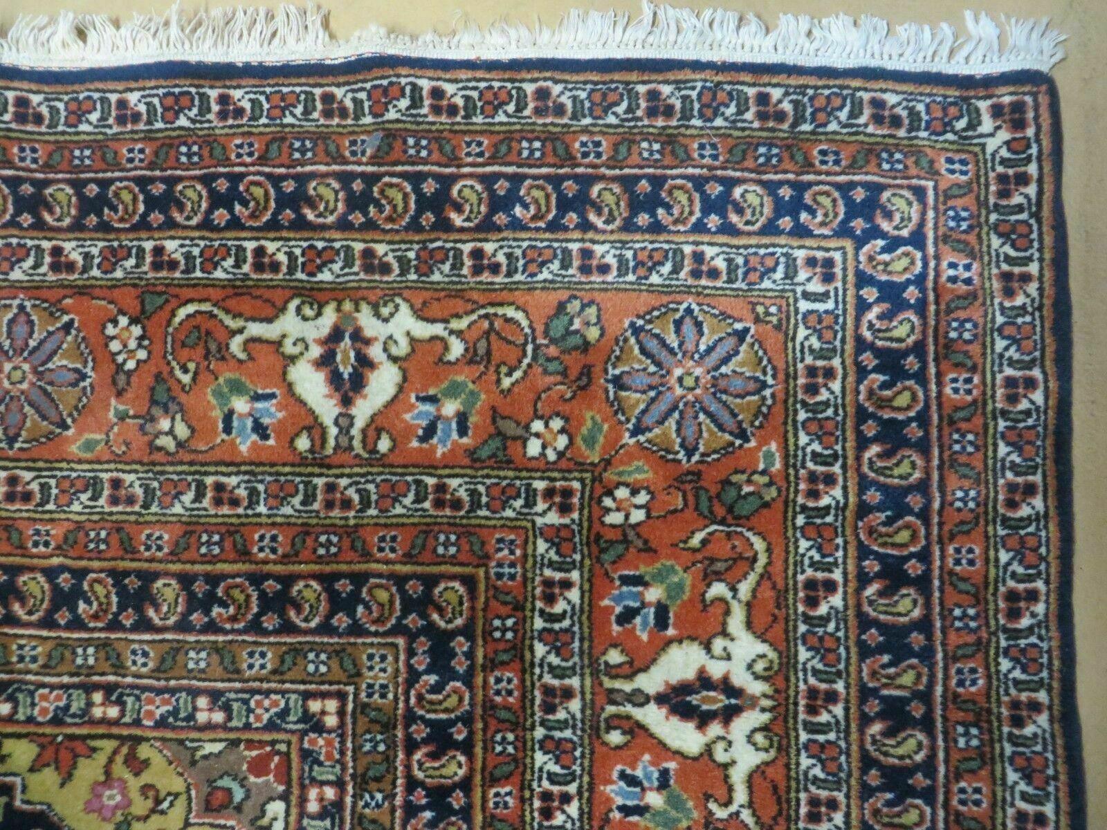 Indo Persian Rug 9x12, Semi Open Field Medallion, Ivory Tomato Red Navy Blue, Hand Knotted Indian Oriental Wool Carpet 9 x 12 ft, Room Sized - Image 7