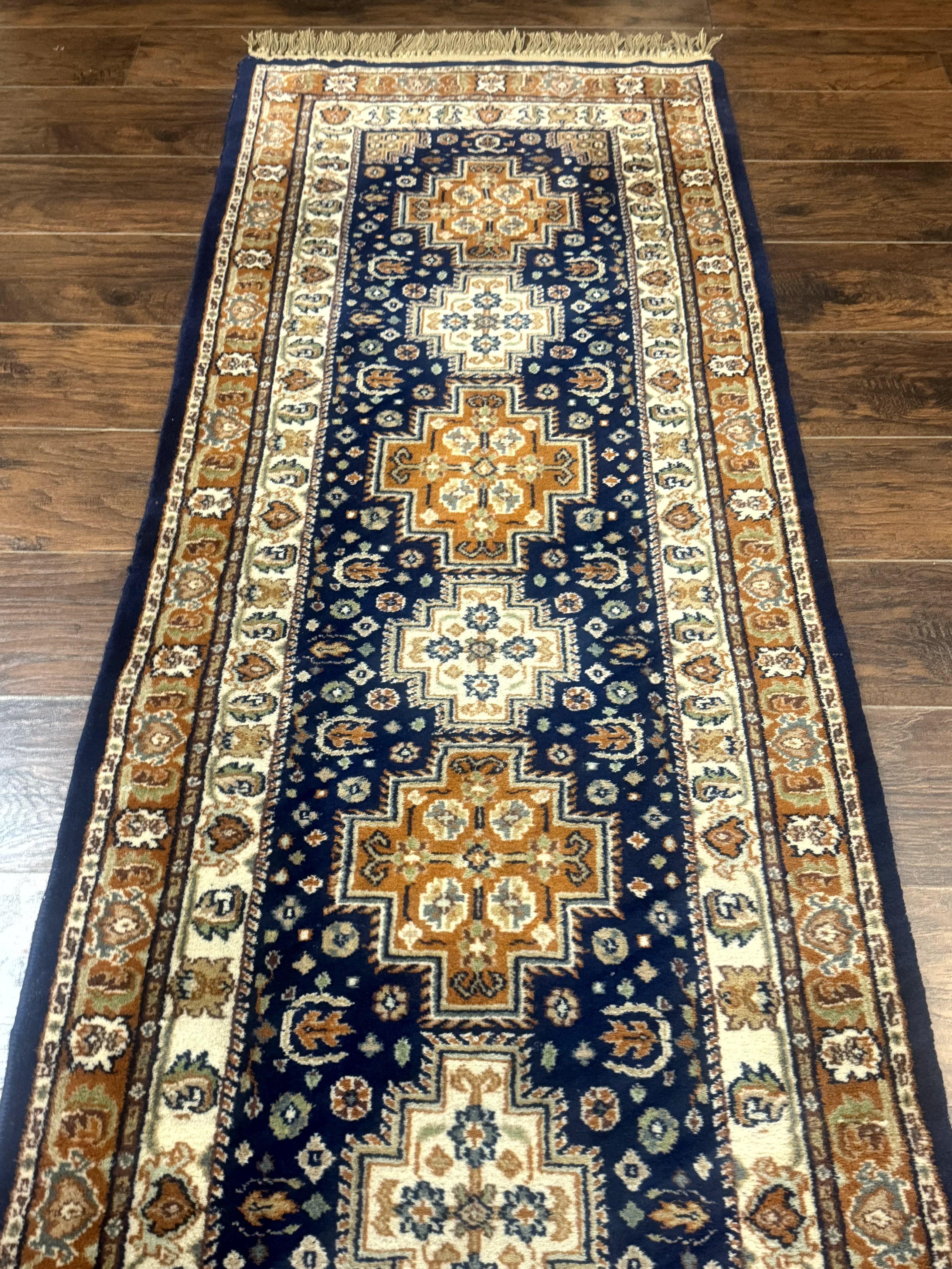 Indo Persian Runner Rug 2.6 x 12.7, Indian Kashmiri Runner for Hallway or Kitchen, Navy Blue, Geometric Medallions, Handmade Wool - Image 11