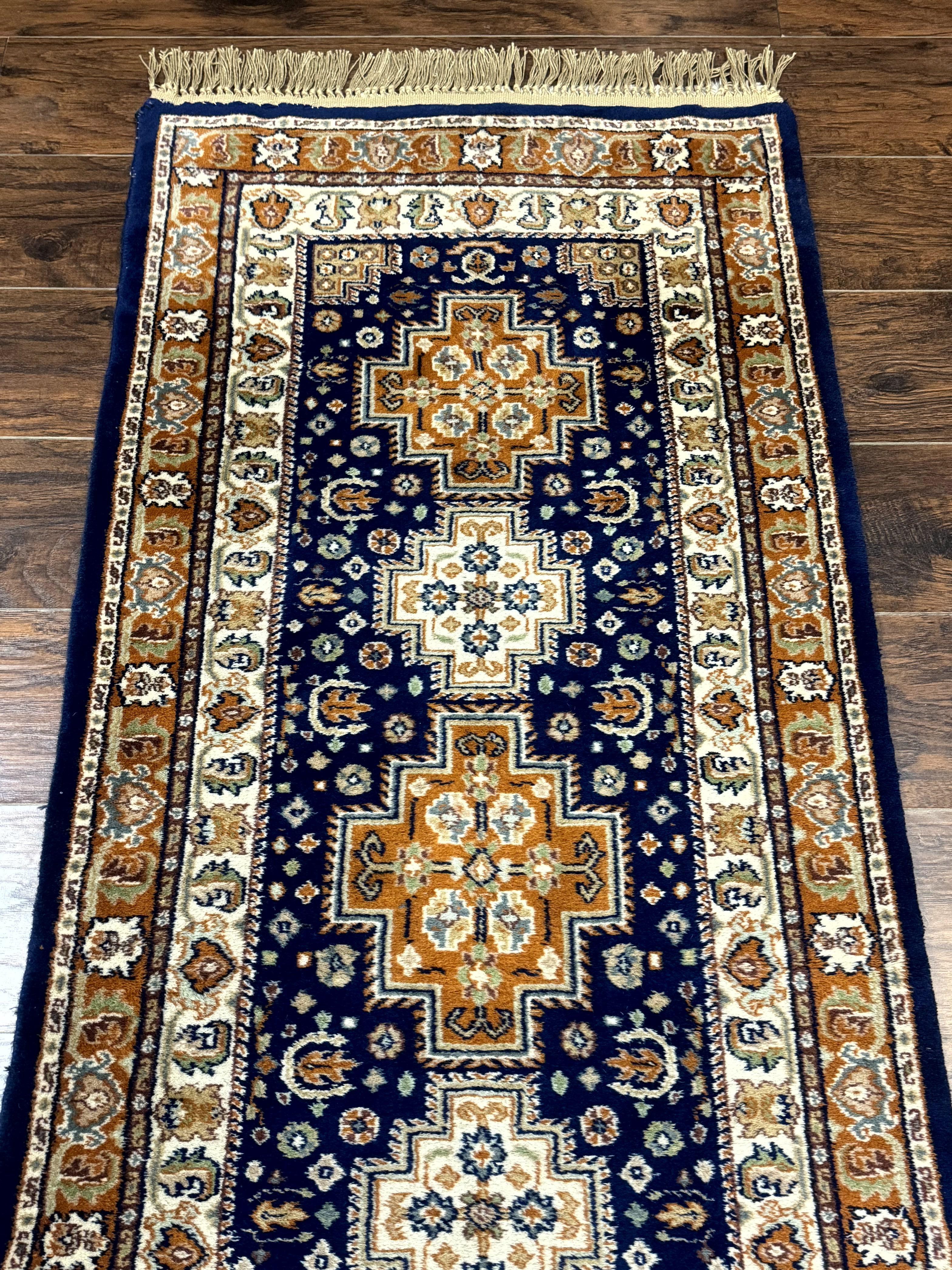 Indo Persian Runner Rug 2.6 x 12.7, Indian Kashmiri Runner for Hallway or Kitchen, Navy Blue, Geometric Medallions, Handmade Wool - Image 4