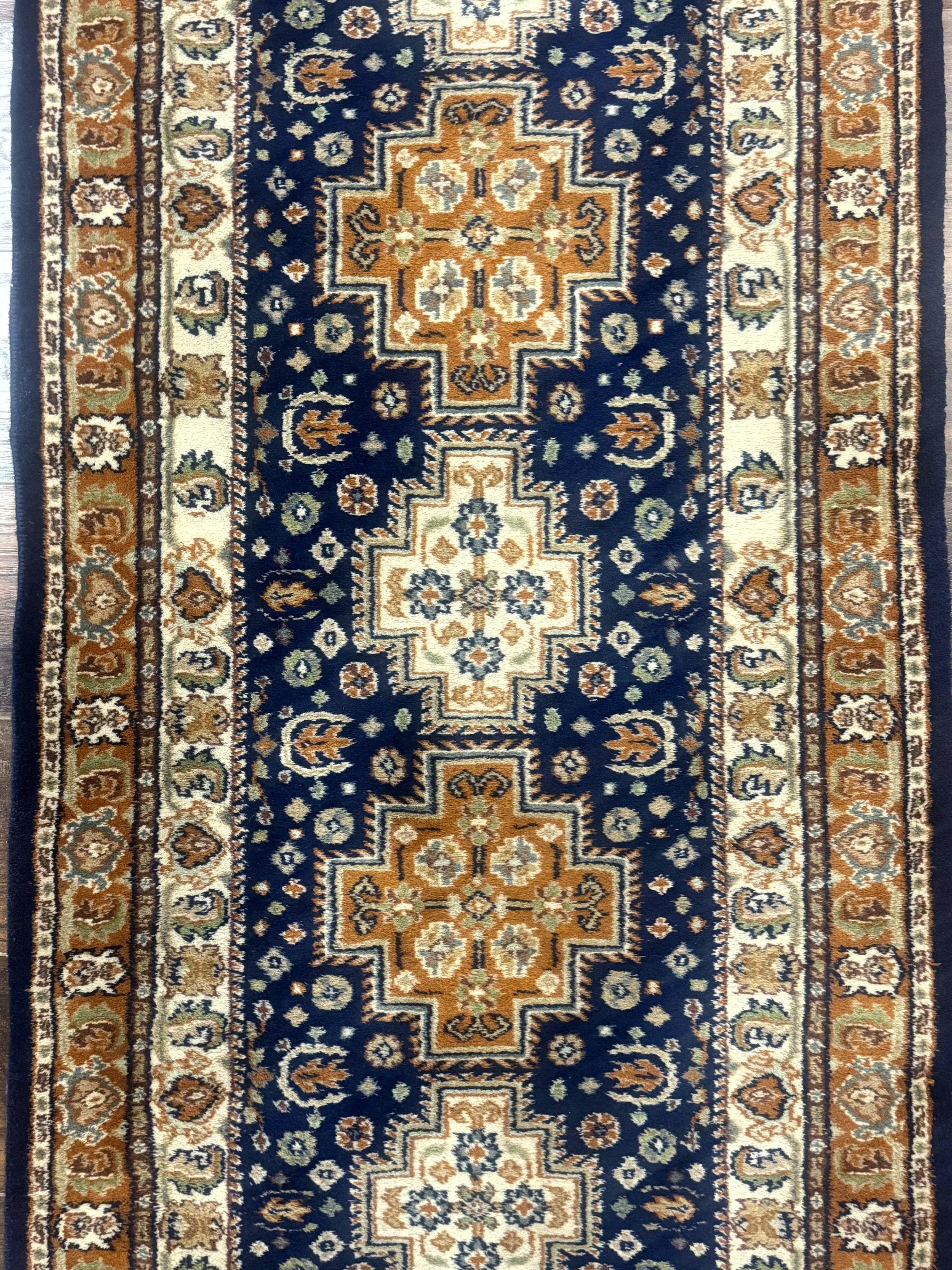 Indo Persian Runner Rug 2.6 x 12.7, Indian Kashmiri Runner for Hallway or Kitchen, Navy Blue, Geometric Medallions, Handmade Wool - Image 5