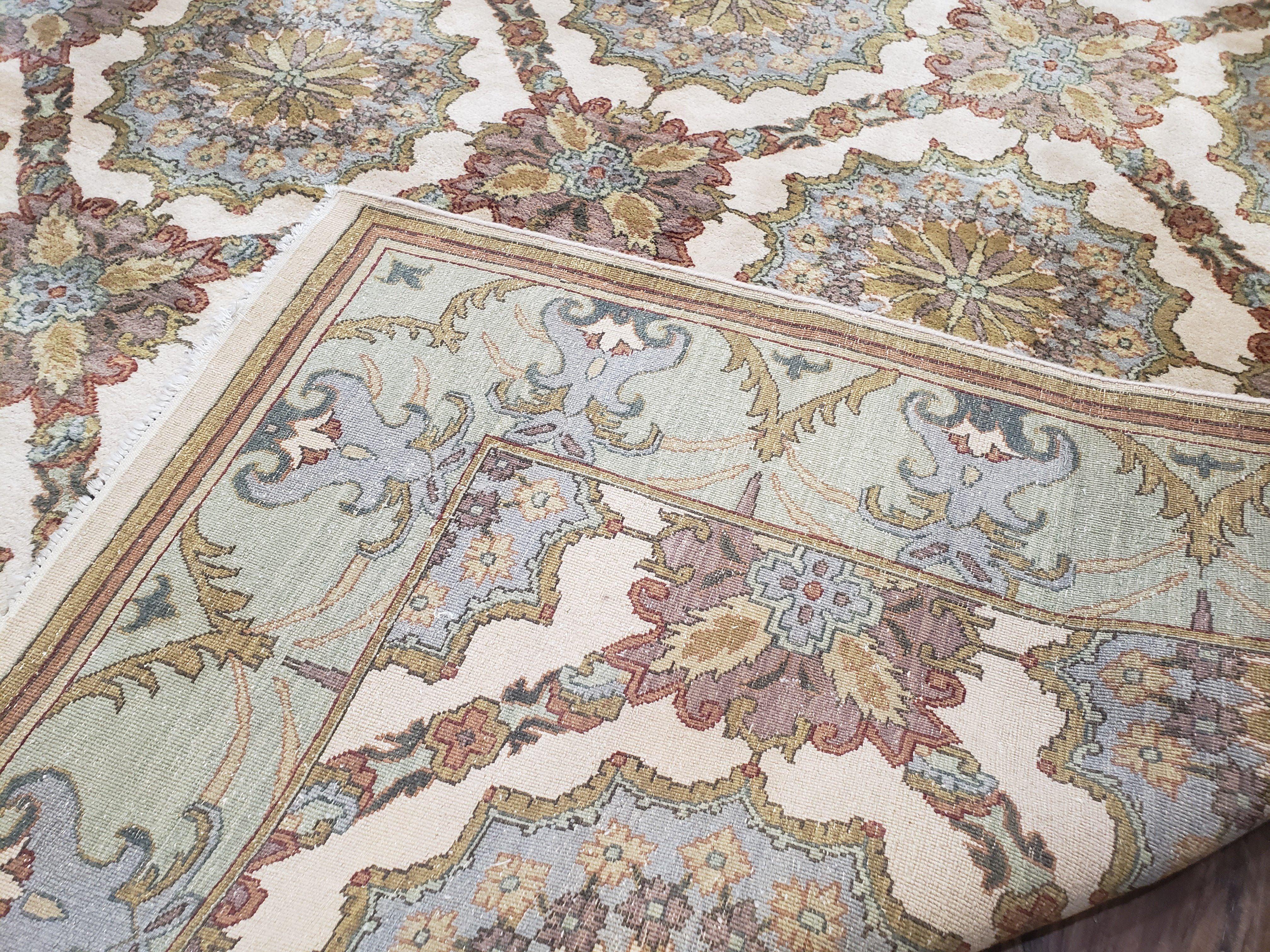 Indo Sultanabad Area Rug 8 x 9.5, Wool Hand-Knotted Ivory Green Teal Decorative Rug, Floral Panel Carpet, Indian Rug, 8 x 10 Bedroom Rug - Image 10