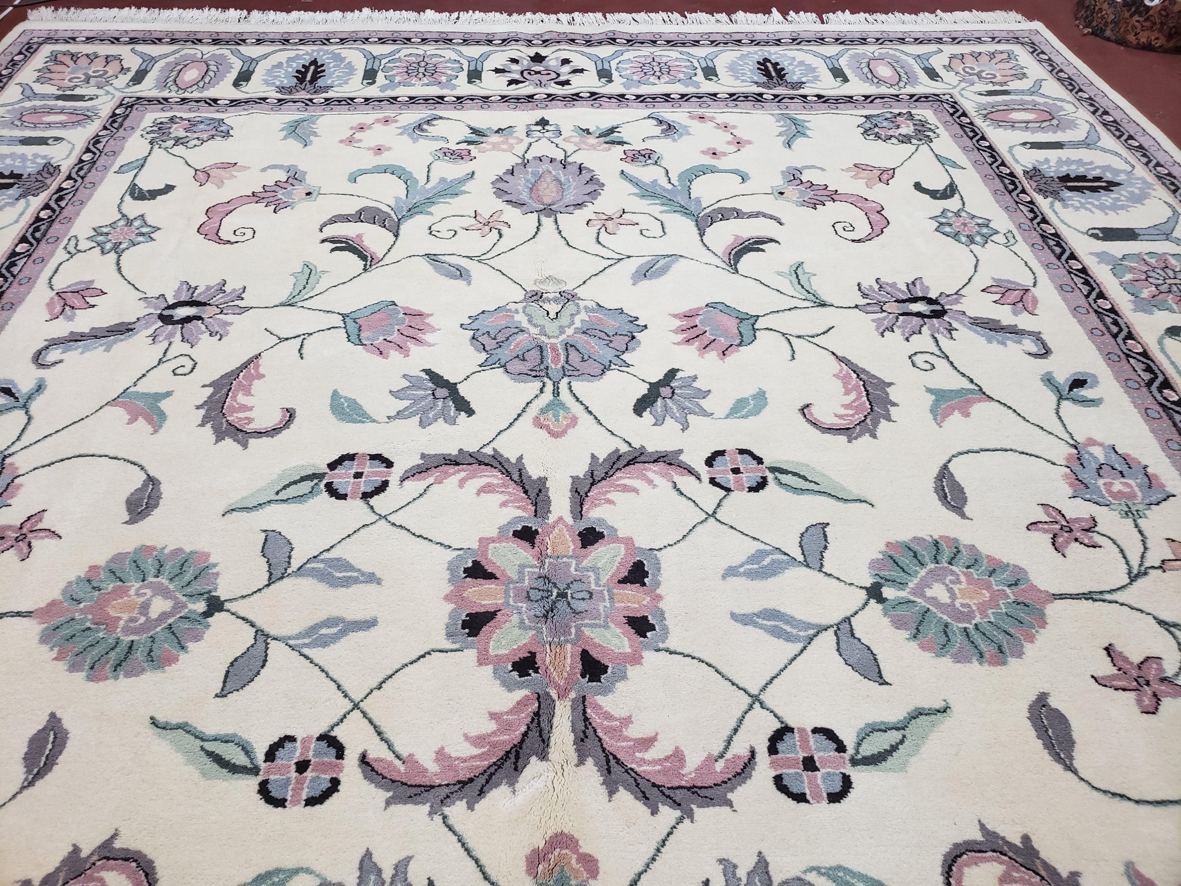 Ivory & Teal Indo Persian Area Rug 9x12, Wool Hand-Knotted Oriental Carpet, 9 x 12 Soft Traditional Living Room Rug, Dining Room Rug - Image 4