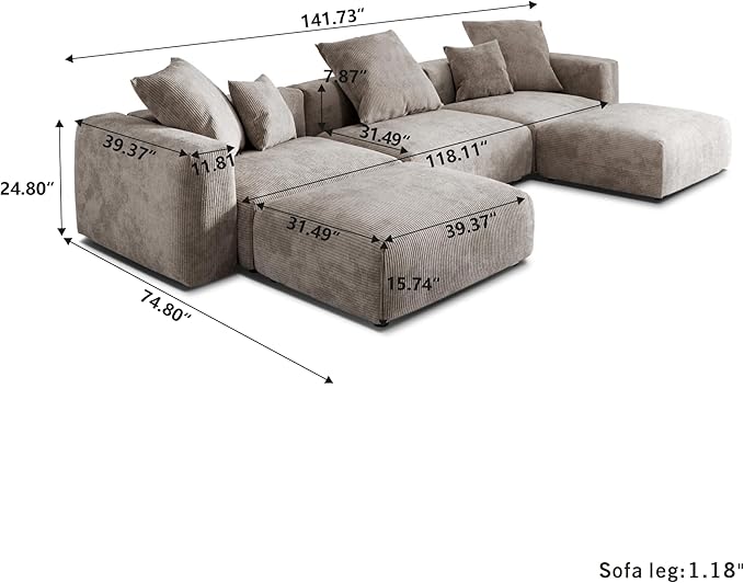 Kanso Corduroy Modular Bouclé Cloud Couch - Brown - 3-Seater Sectional Sofa with 2 Ottomans - Image 5