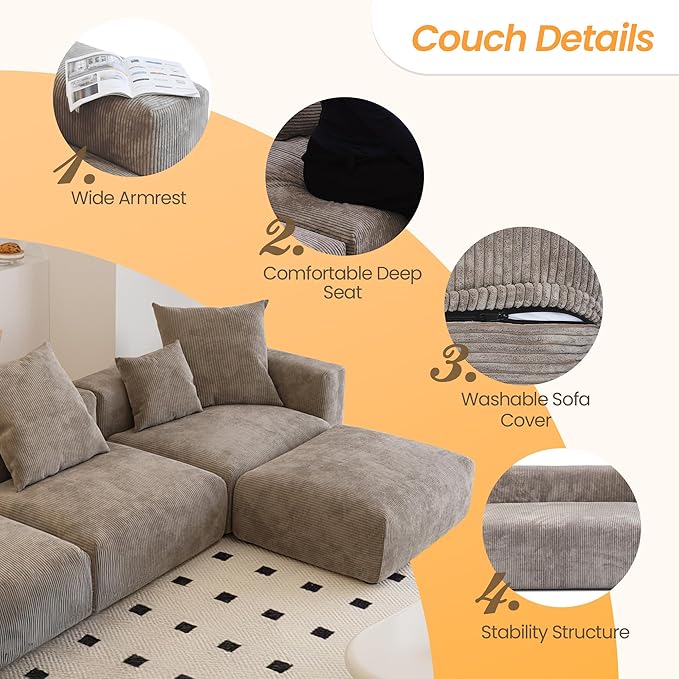 Kanso Corduroy Modular Bouclé Cloud Couch - Brown - 4-Seater Sectional Sofa with Ottoman - Image 5