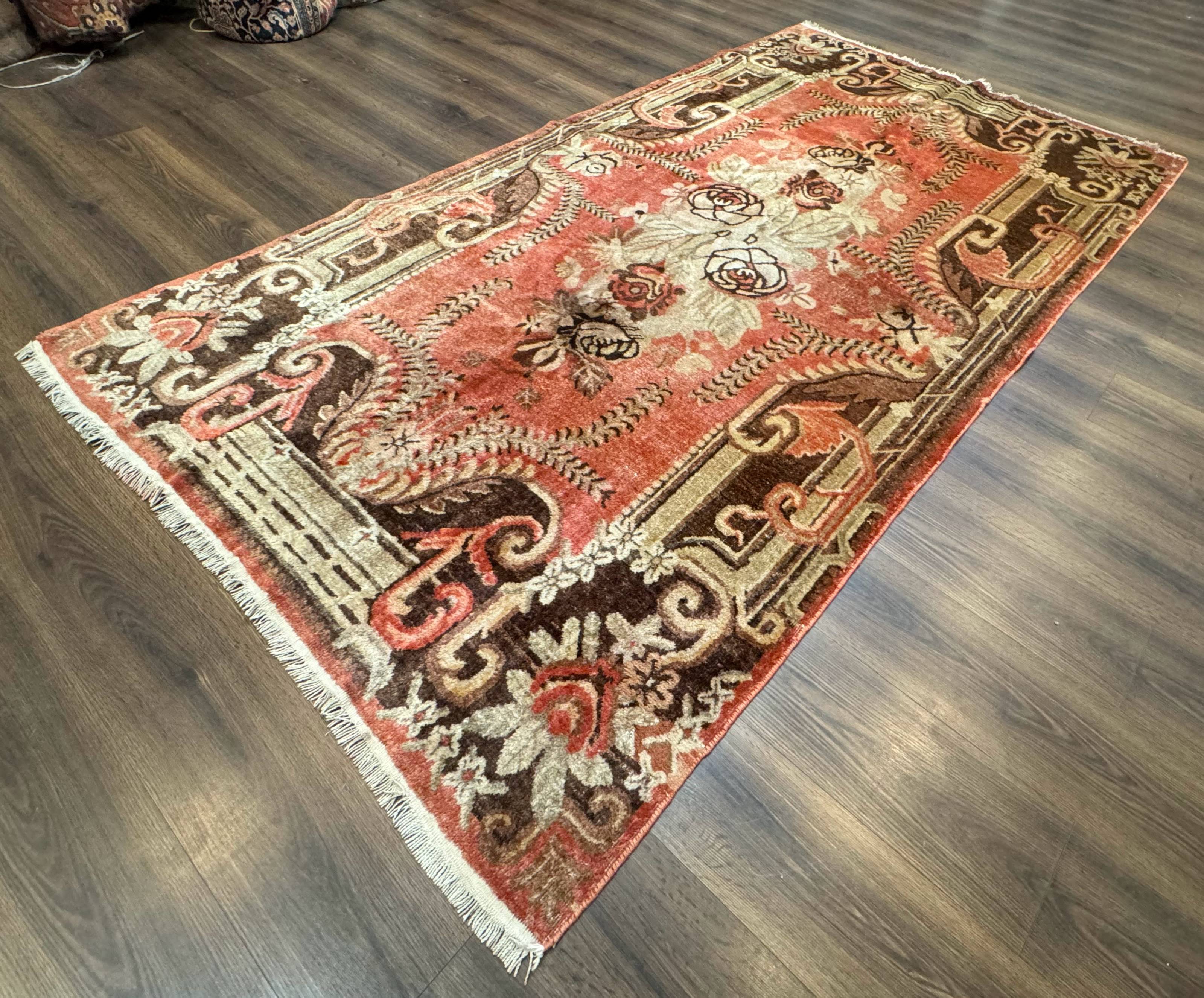 Khotan Rug 5x9, Terracotta and Brown, Floral, Chinese Wool Carpet, Antique Rug - Image 2