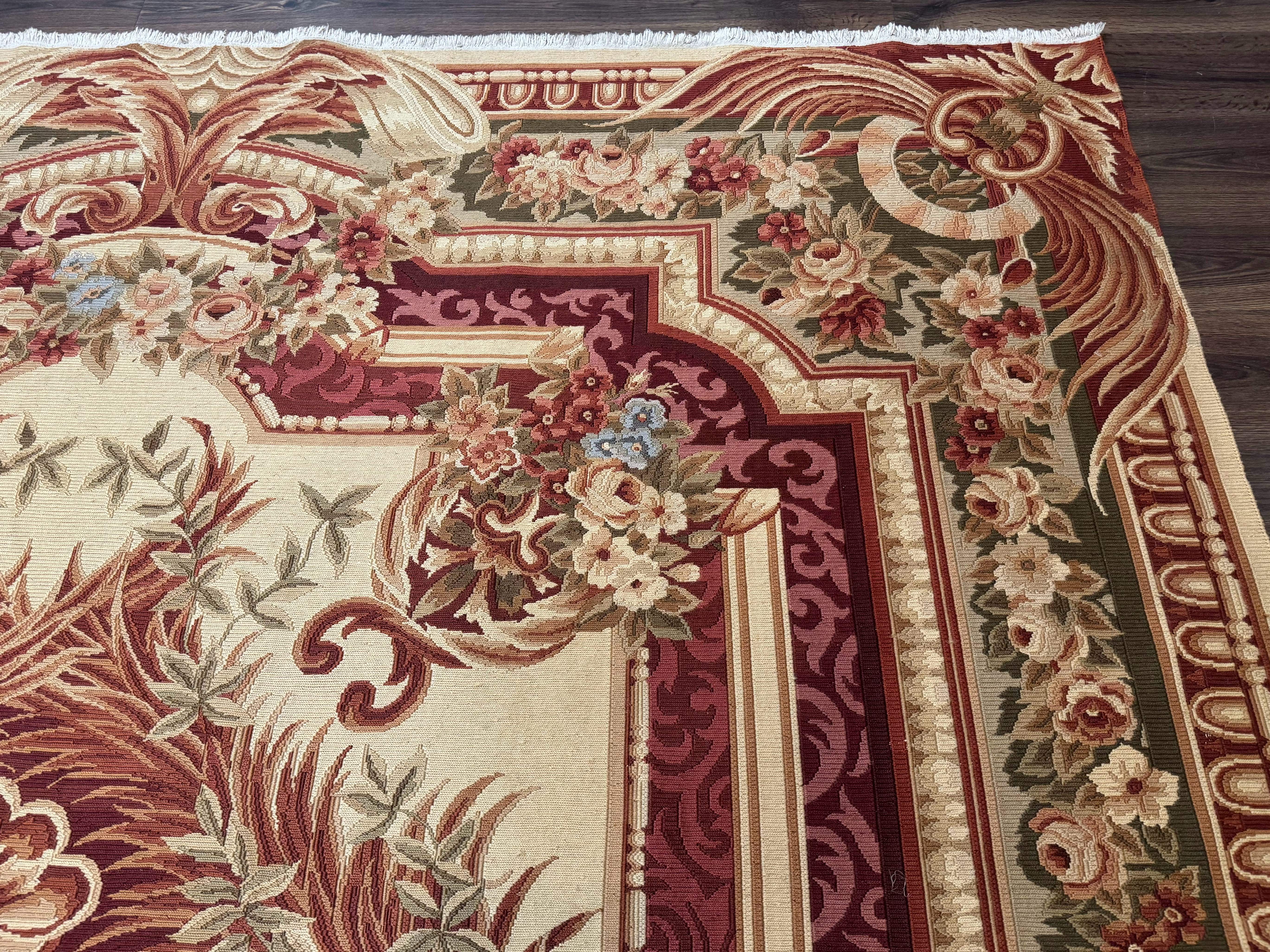 Large Aubusson Rug 10x13, Thick Flatweave Carpet, Elegant European Design, Cream and Raspberry - Image 7