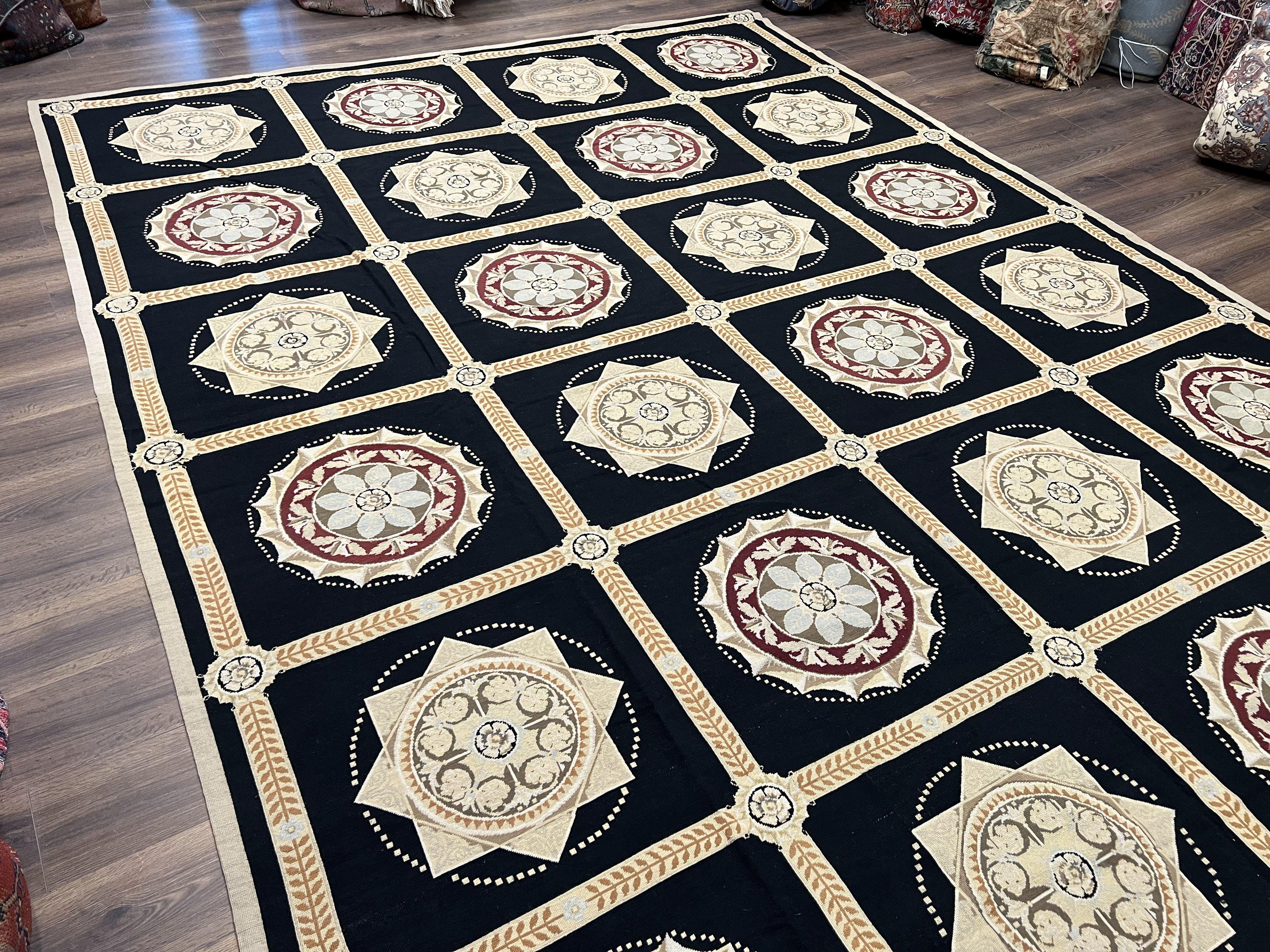 Large Needlepoint Rug 10x13, Panel Design, Black and Beige, Wool Needlepoint Carpet 10 x 13, English Garden, Handwoven Area Rug, Living Room - Image 2