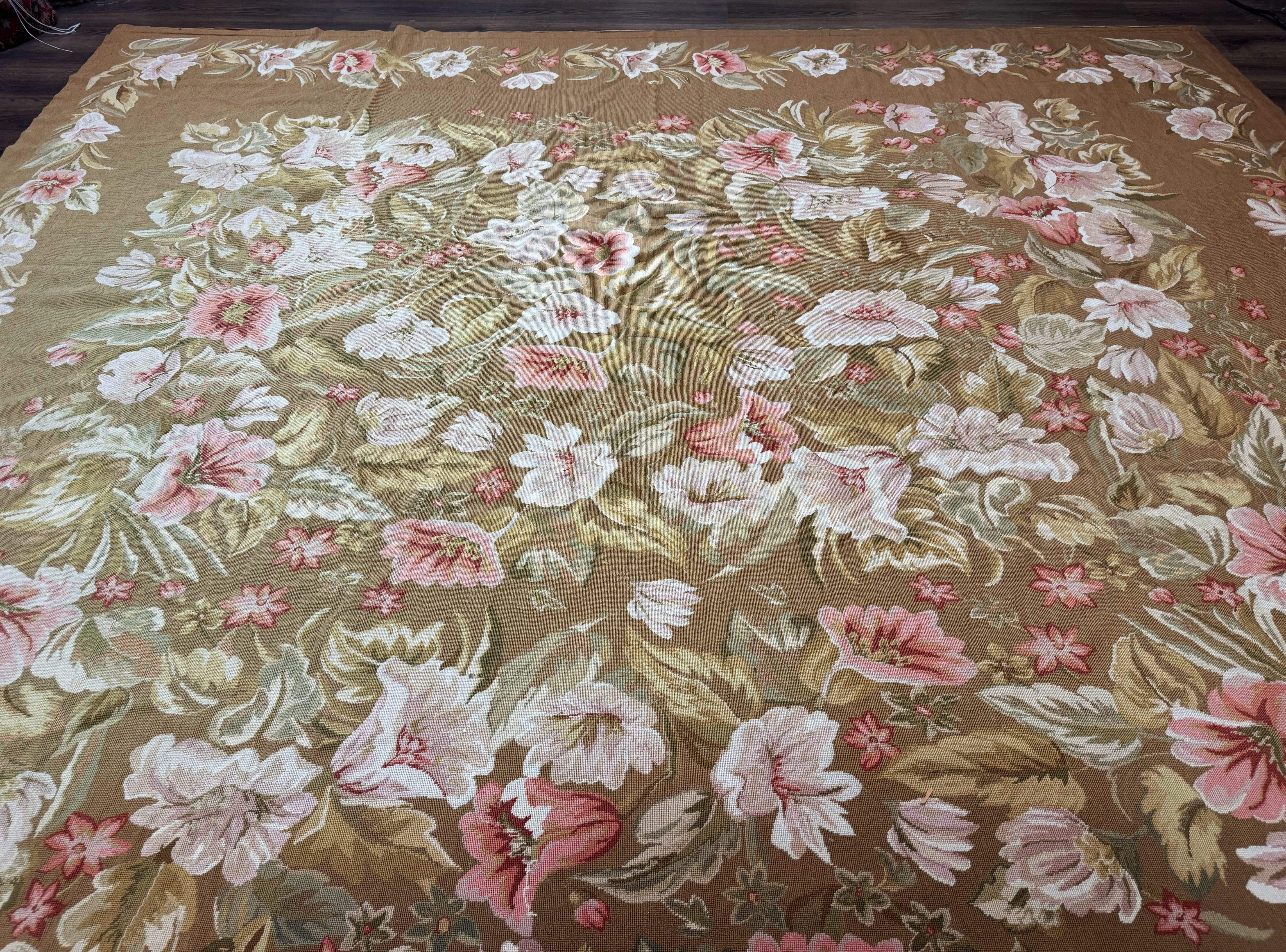 Large Needlepoint Rug 11x14, Vintage Floral Wool Carpet, Caramel - Image 11