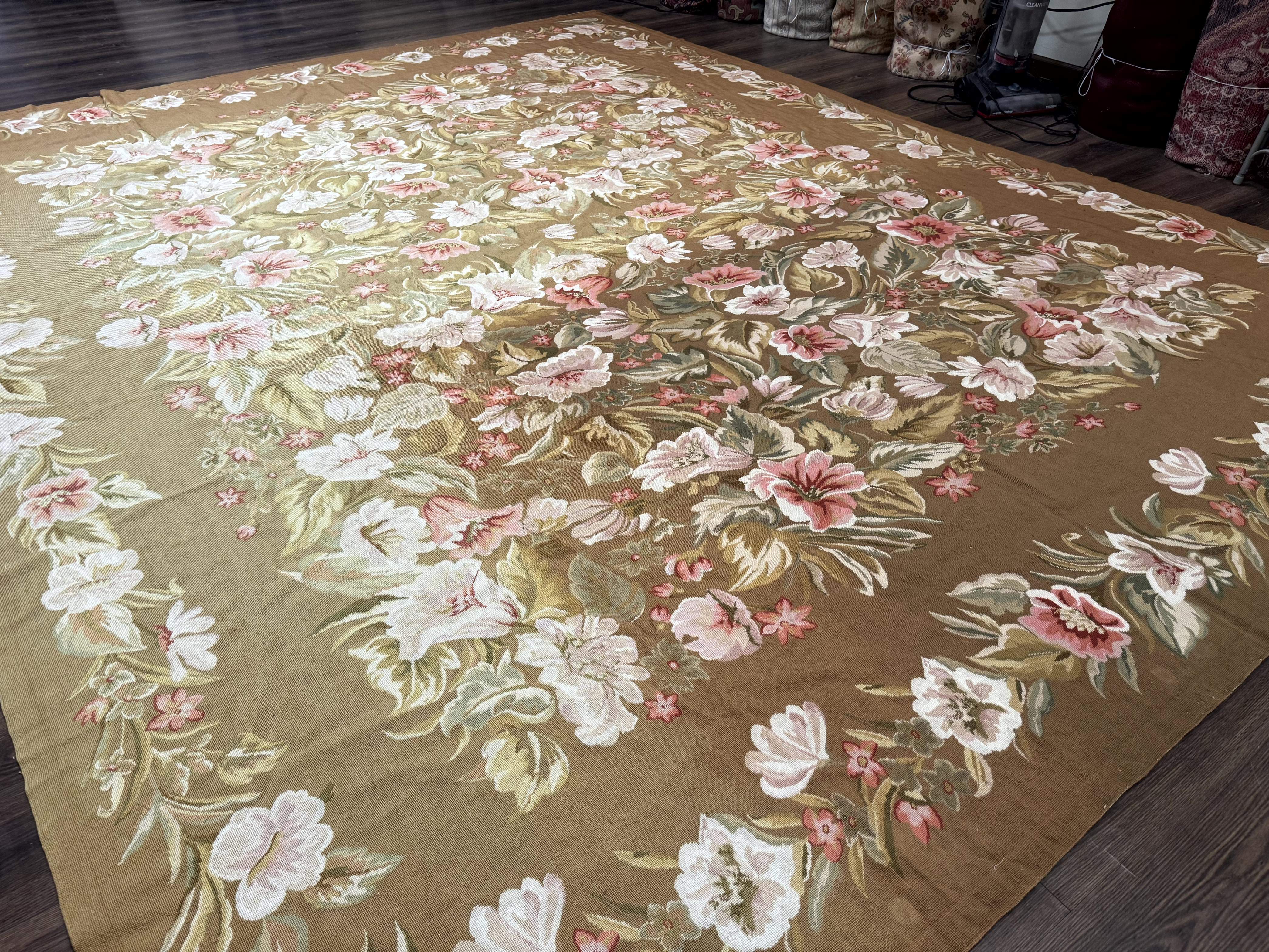 Large Needlepoint Rug 11x14, Vintage Floral Wool Carpet, Caramel - Image 12