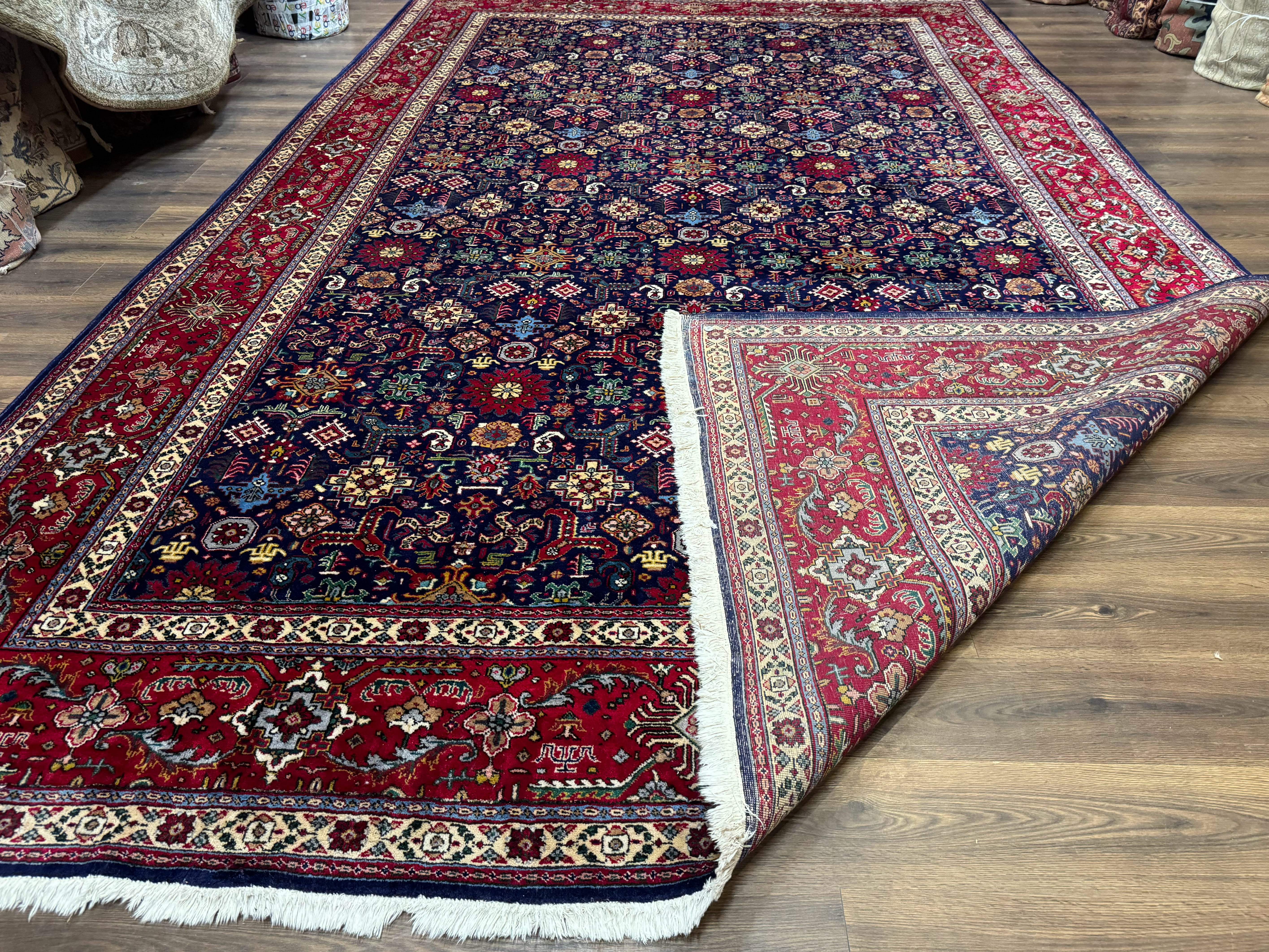 Large Persian Tabriz Rug 10x16, Navy Blue and Red, Allover Pattern, Vintage Hand Knotted Wool Carpet - Image 11