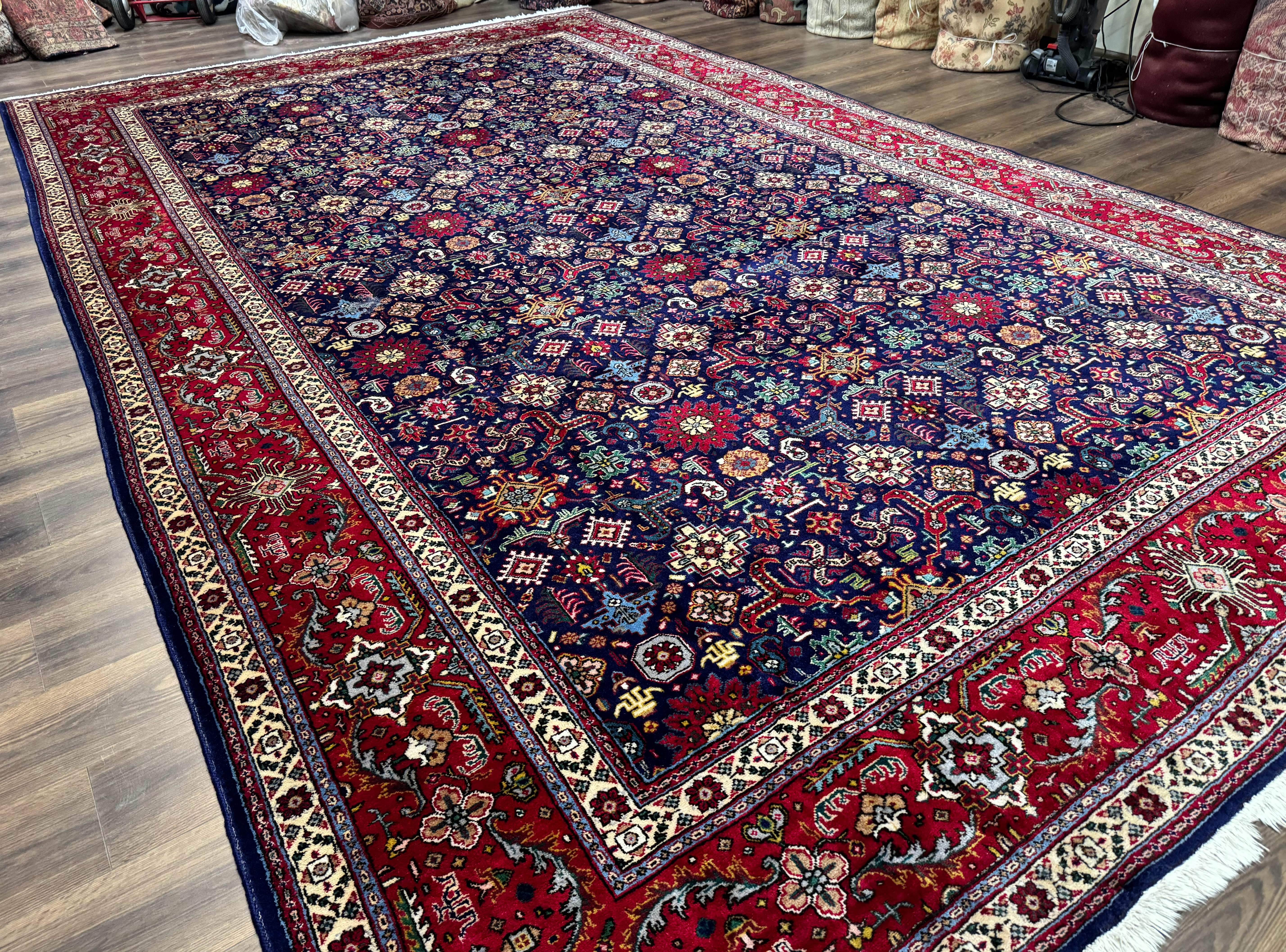 Large Persian Tabriz Rug 10x16, Navy Blue and Red, Allover Pattern, Vintage Hand Knotted Wool Carpet - Image 12