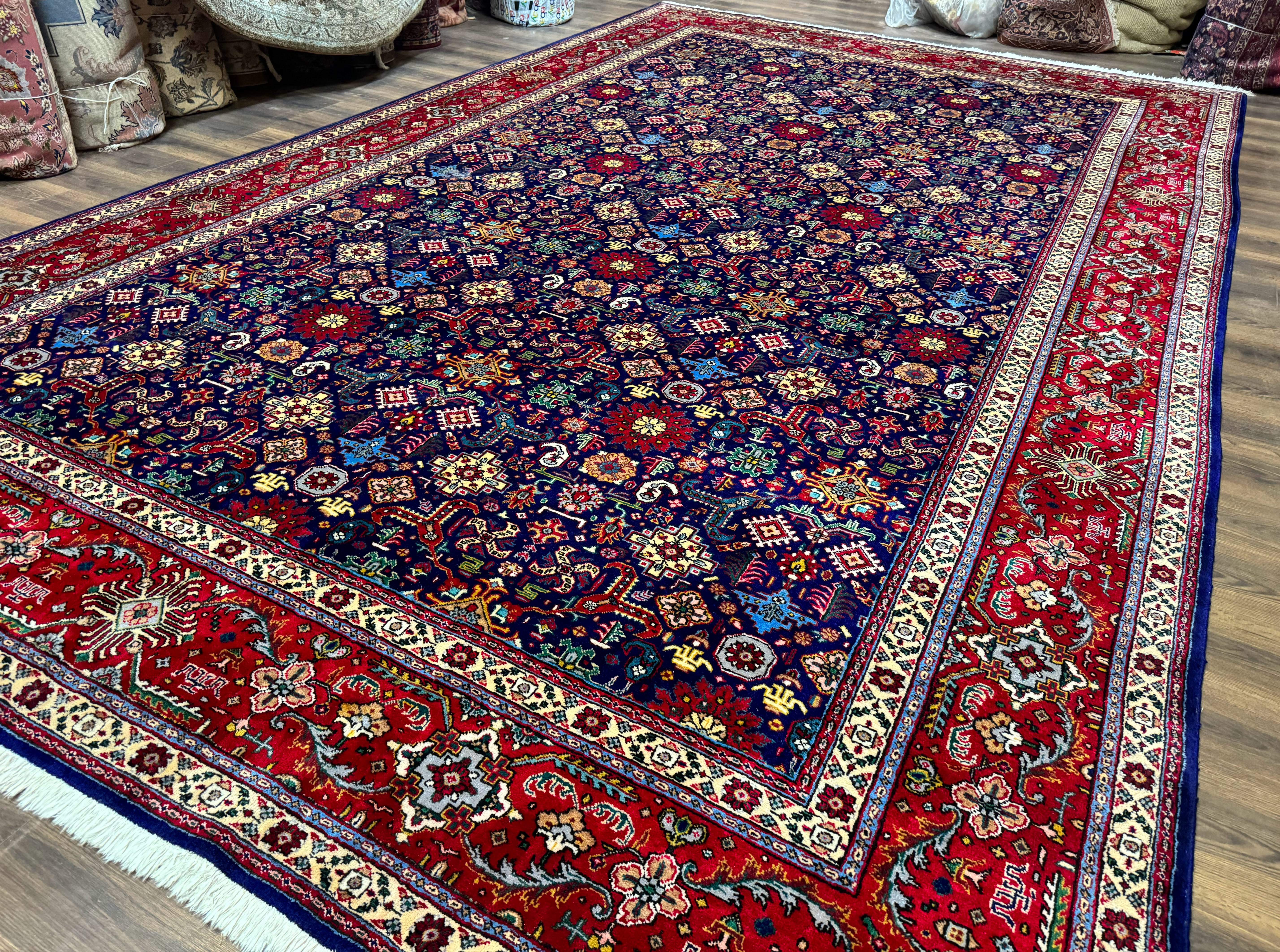 Large Persian Tabriz Rug 10x16, Navy Blue and Red, Allover Pattern, Vintage Hand Knotted Wool Carpet - Image 2