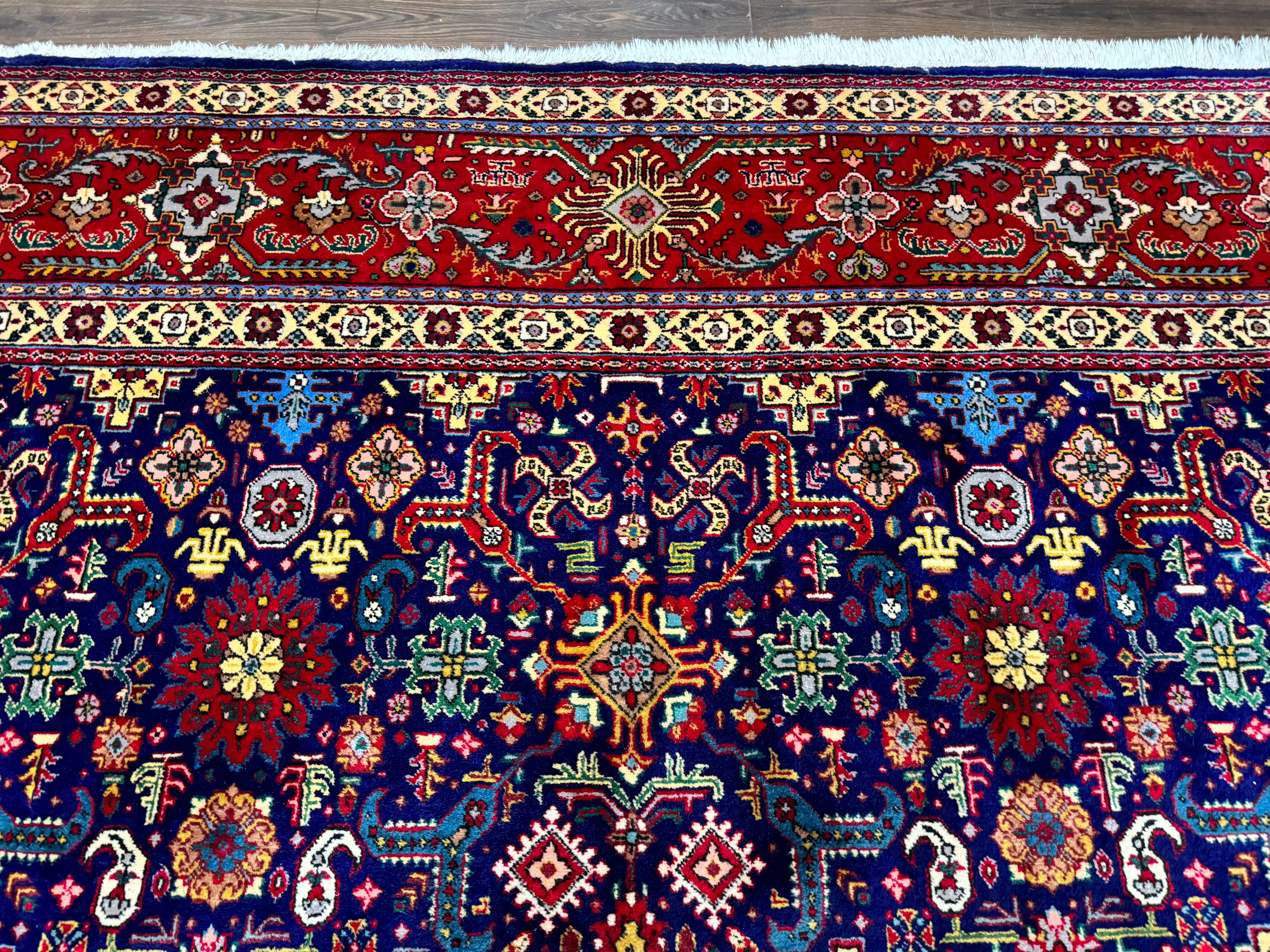 Large Persian Tabriz Rug 10x16, Navy Blue and Red, Allover Pattern, Vintage Hand Knotted Wool Carpet - Image 3