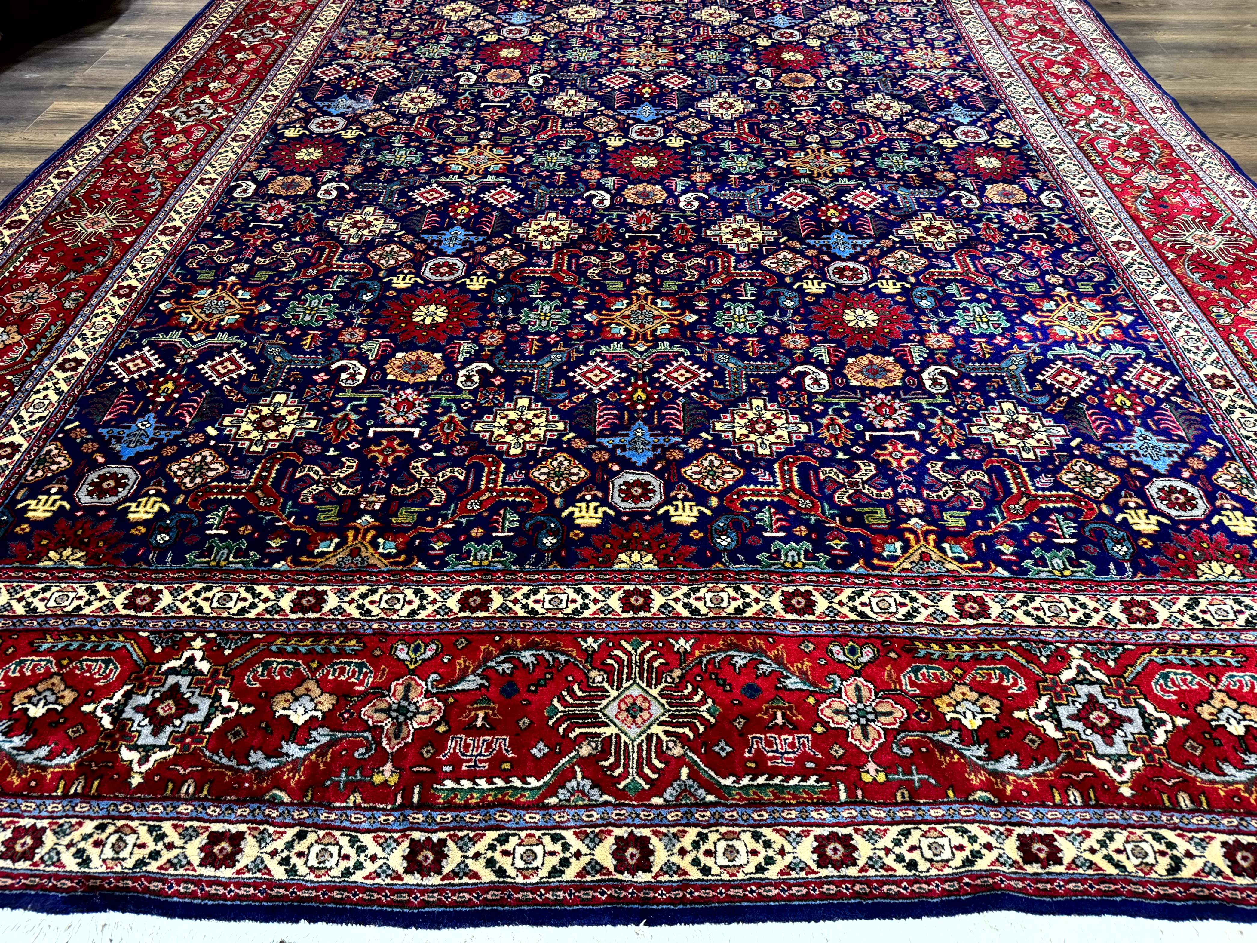 Large Persian Tabriz Rug 10x16, Navy Blue and Red, Allover Pattern, Vintage Hand Knotted Wool Carpet - Image 5